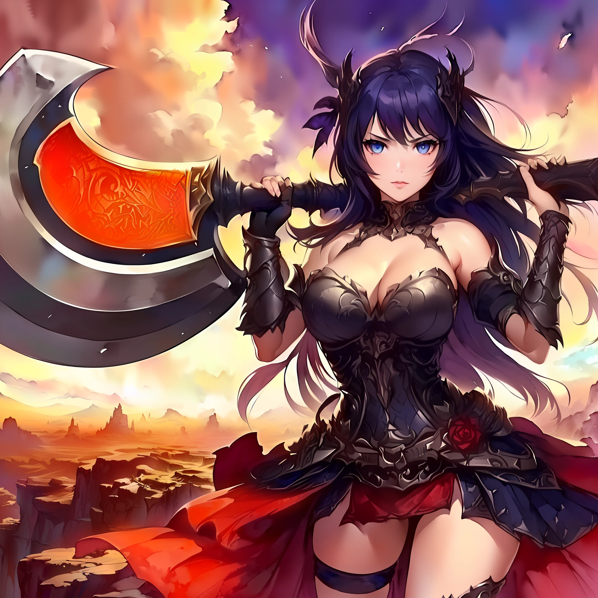an extremely beautiful girl an adventurer with a battle axe, Large-breasted, beautiful eyes, happy, extremely detailed face and eyes, beautiful hair, beautiful detailed armor, very beautiful detailed fantasy landscape, extremely detailed, super fine illustration, (((beautiful waifu animation style))), (((watercolor wash))), line art, (((upper body shot))), (((dynamic angle))), approaching perfection, perfect anatomy, golden ratio, 5 finger ,prefect and regular fingers, insanely detailed, fantasy, concept art, (((masterpiece))), epic, cinematic, hyperdetailed painting