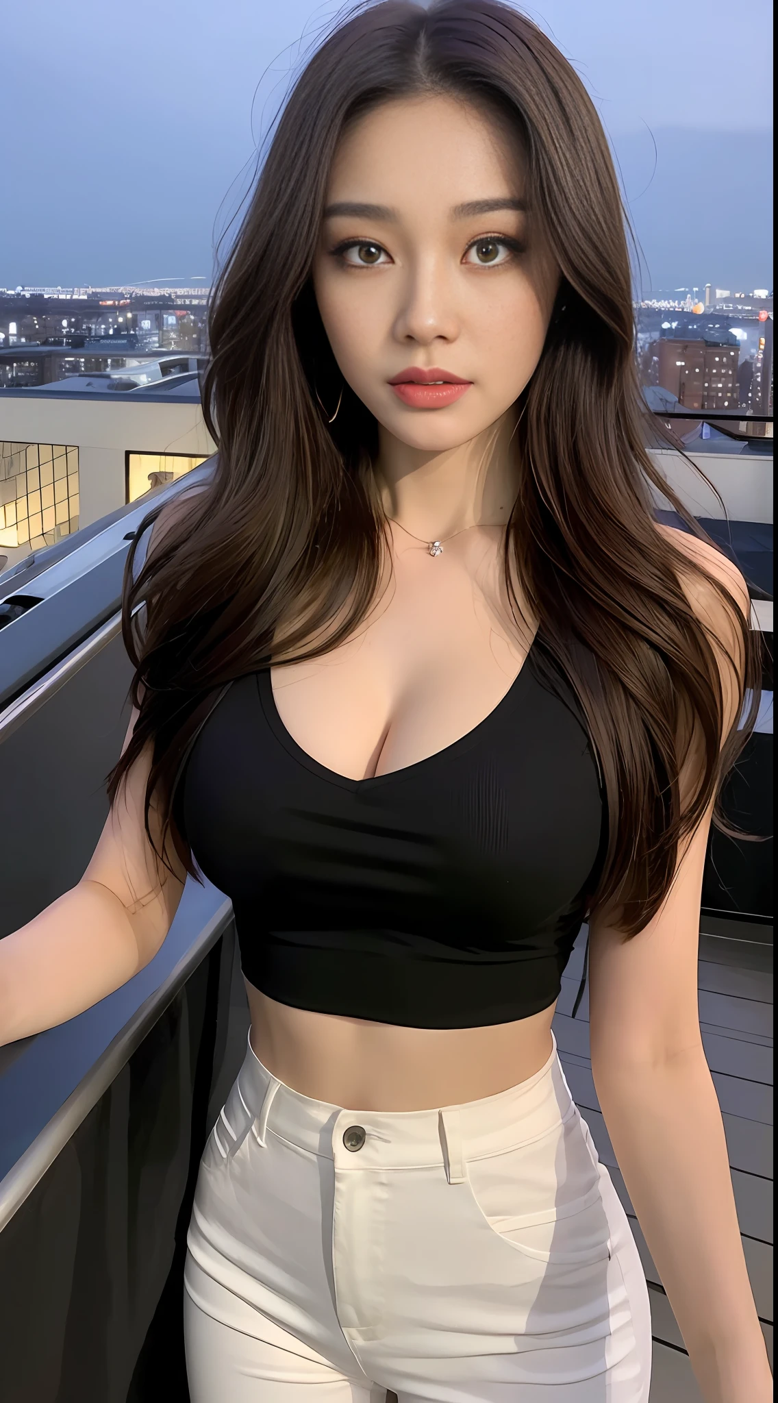 ((Midnight, Best quality, 8k, Masterpiece :1.3)), Whole body, Long legs, Sharp focus :1.2, A pretty woman with perfect figure :1.4, Slender abs :1.1, ((Dark brown hair, Big breasts :1.2)), (Crop top shirt, Low waist pants, Standing:1.2), ((Night city view, Rooftop:1.3)), Highly detailed face and skin texture, Detailed eyes, Double eyelid