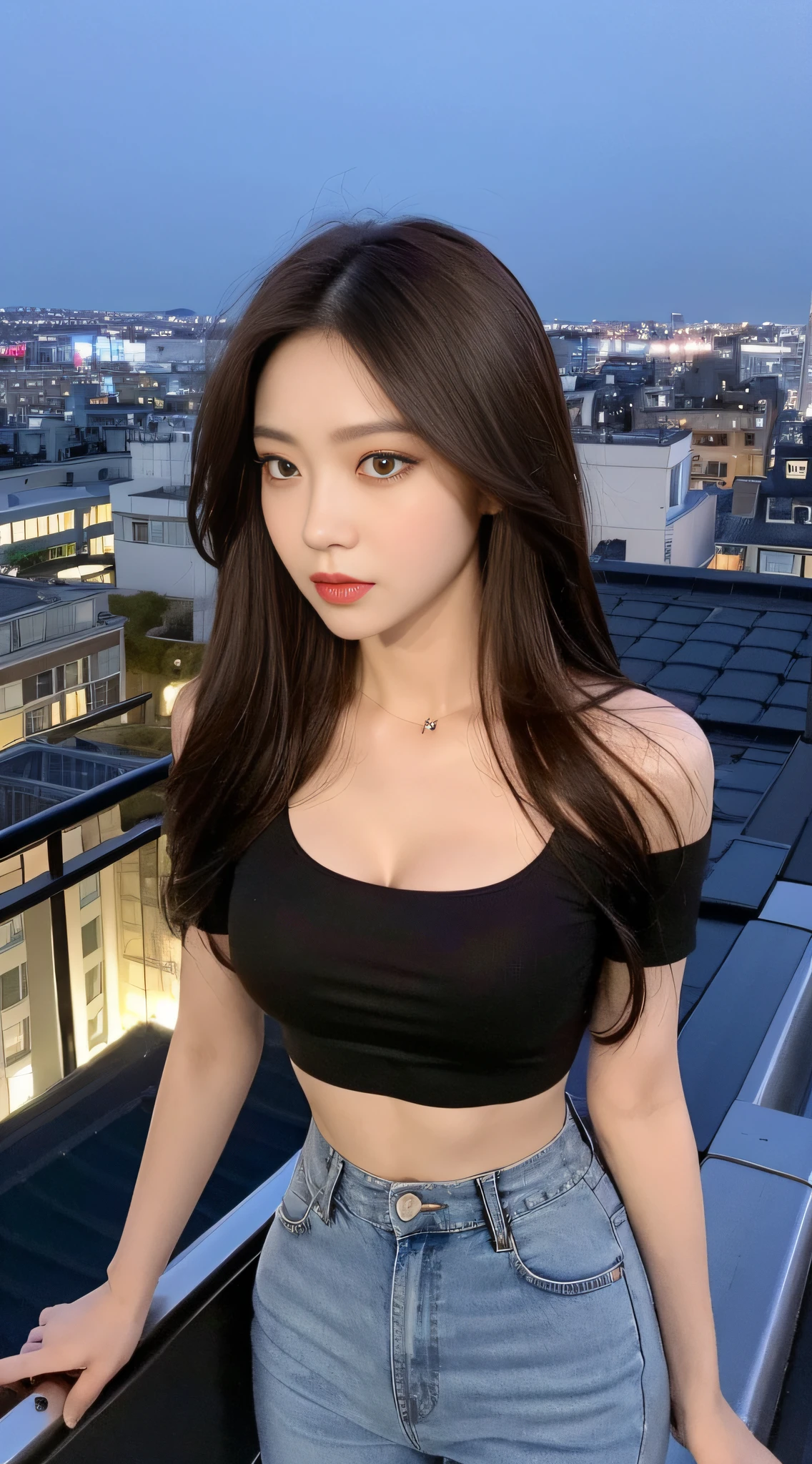 ((Midnight, Best quality, 8k, Masterpiece :1.3)), Whole body, Long legs, Sharp focus :1.2, A pretty woman with perfect figure :1.4, Slender abs :1.1, ((Dark brown hair, Big breasts :1.2)), (Crop top shirt, Low waist pants, Standing:1.2), ((Night city view, Rooftop:1.3)), Highly detailed face and skin texture, Detailed eyes, Double eyelid
