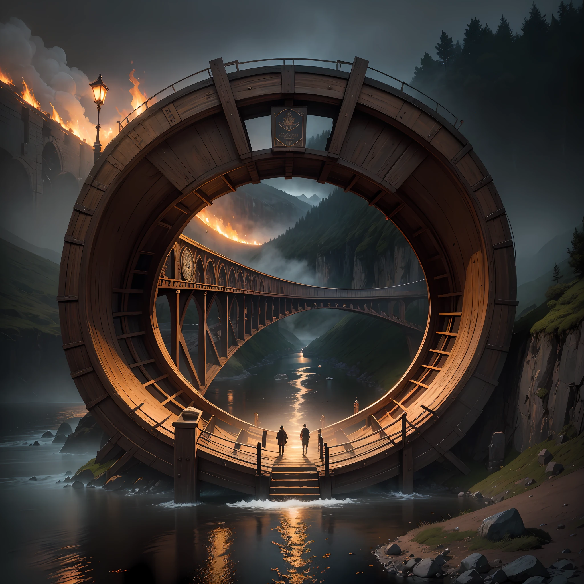a large beer barrel, a bridge arch, a bridge, (inscription New Era Legend),realistic fantasy, detailed, 1:5, 4kk, three-dimensional picture, fire, fog, rain, river, night, darkness, effective, friendship, communication, adventure, mysticism, horror, magic
