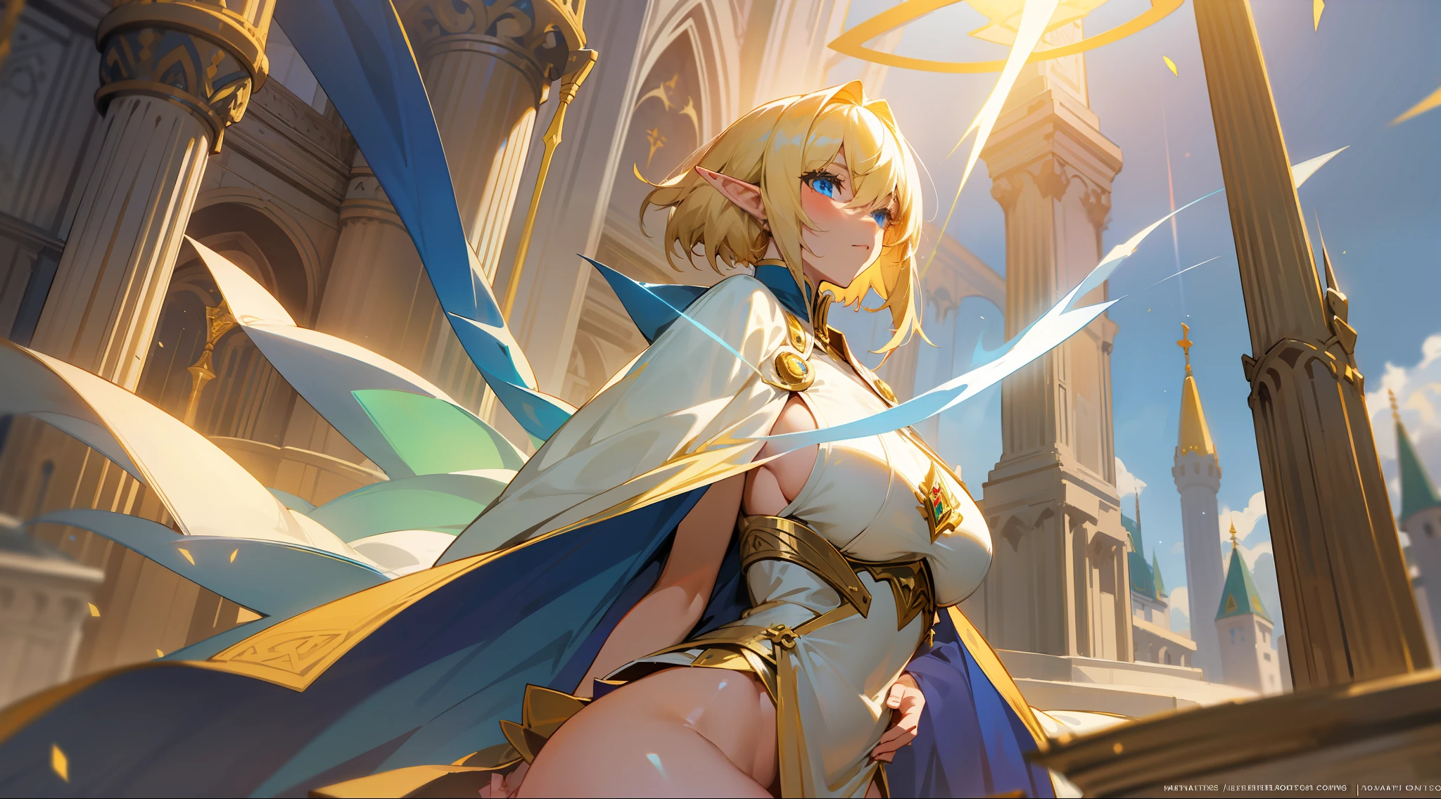 an elf mage, short hair, blonde, bangs, large breasts, exposed thighs, hair between eyes, heroic posture, blue eyes, full body, white and gold robes, confident, fantasy, medieval, medieval castle, rays of sun
