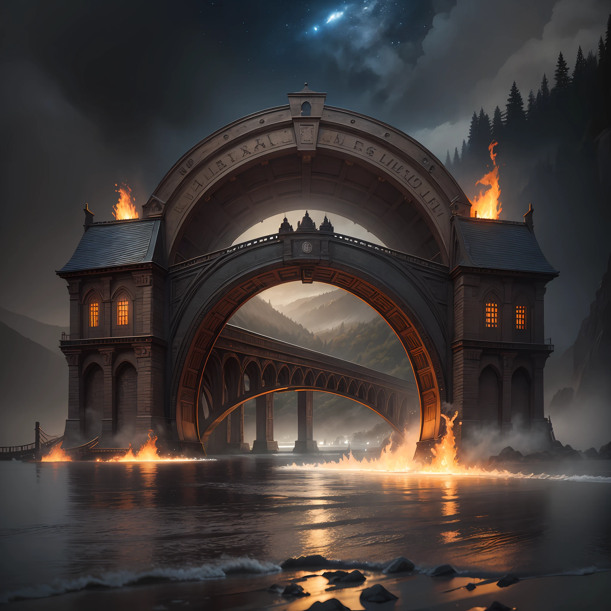 a large beer barrel, a bridge arch, a bridge, (inscription New Era Legend),realistic fantasy, detailed, 1:5, 4kk, three-dimensional picture, fire, fog, rain, river, night, darkness, effective, friendship, communication, adventure, mysticism, horror, magic