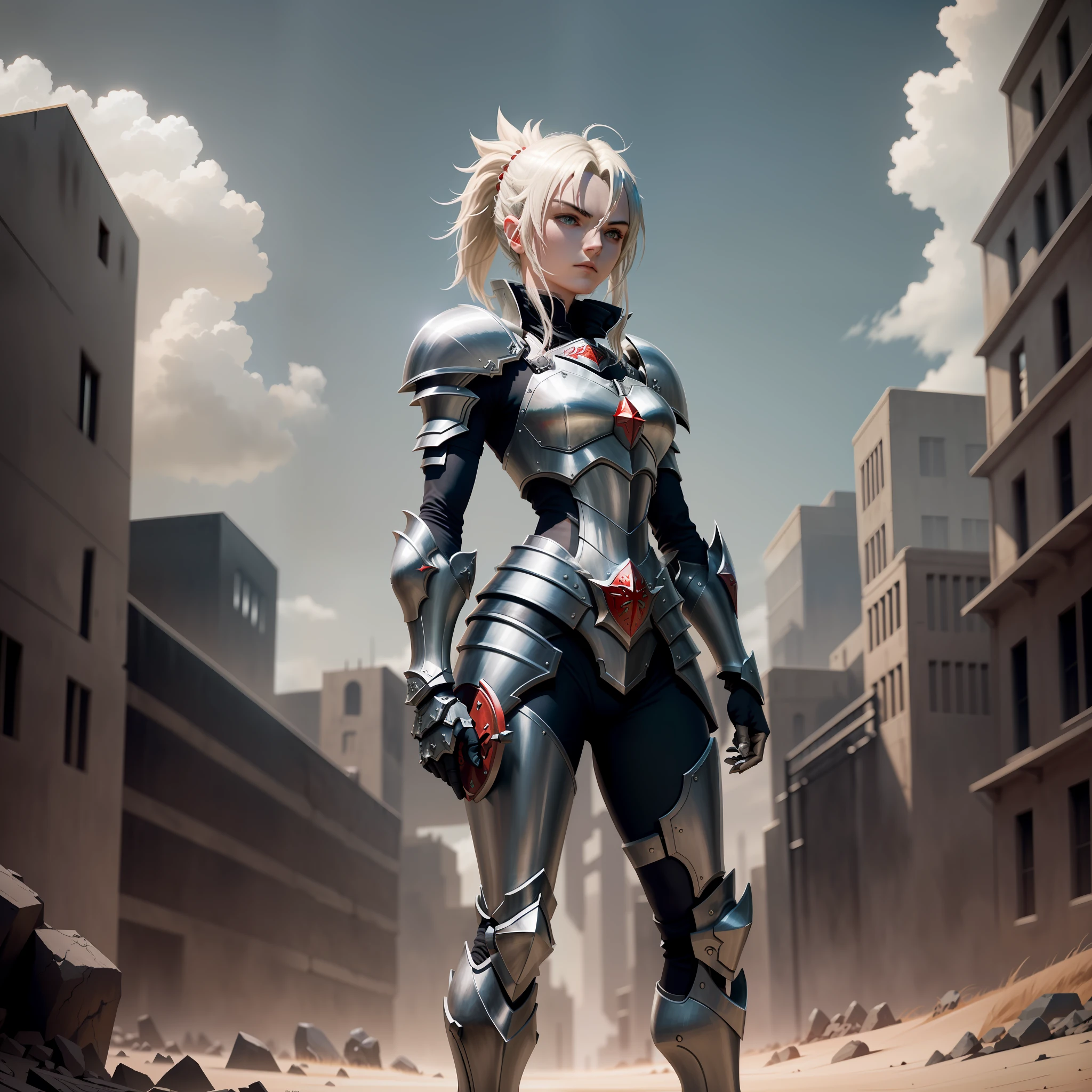 "A trending masterpiece featuring ultra-detailed armoured Mordred with perfect ????????????, captured in a wideshot overlooking a vast, desolate wasteland with edgy lighting that complements the dark fantasy theme."
