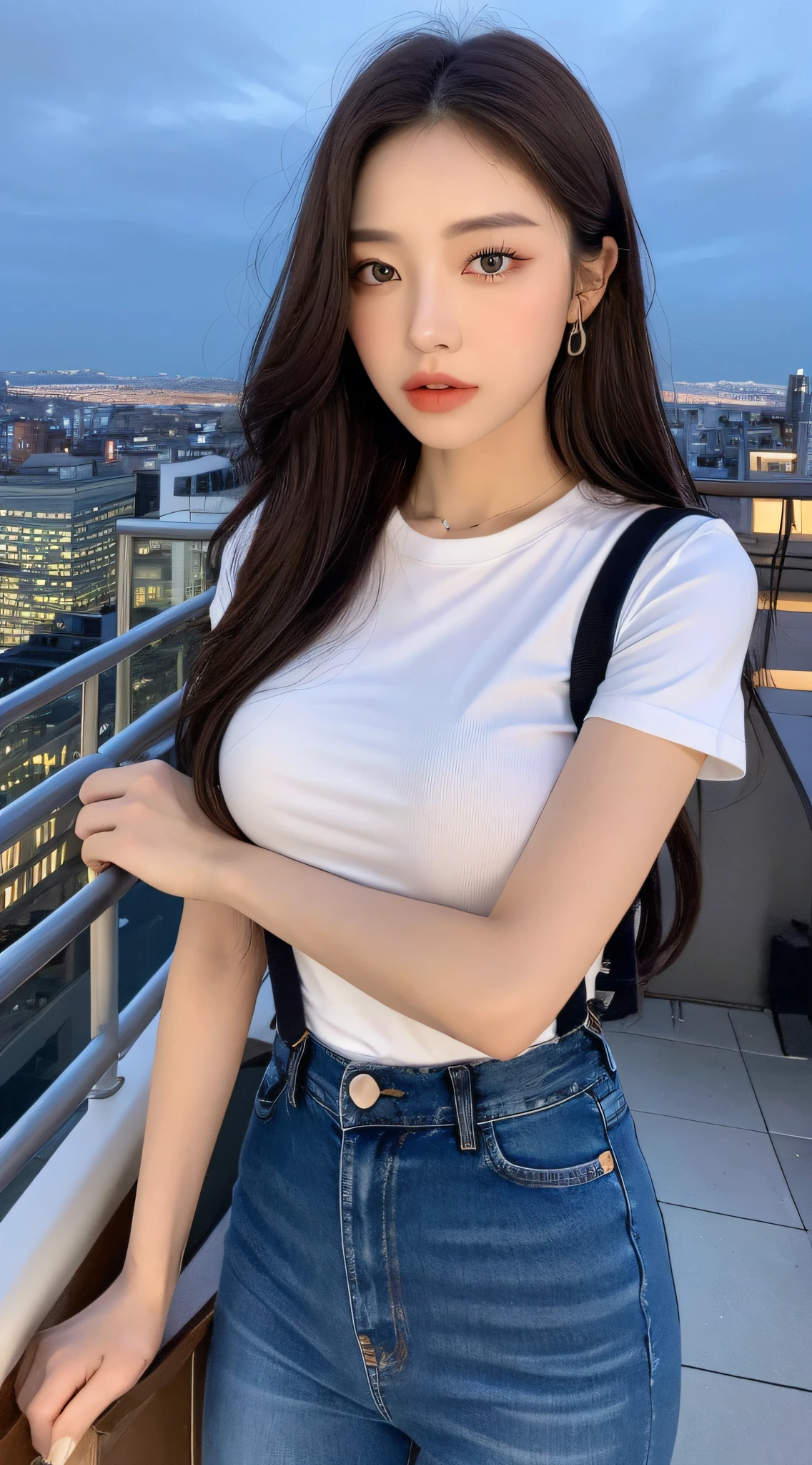 ((Midnight, Best quality, 8k, Masterpiece :1.3)), Whole body, Long legs, Sharp focus :1.2, A pretty woman with perfect figure :1.4, Slender abs :1.1, ((Dark brown hair, Big breasts :1.2)), (White tight tshirt, Jean bib, Standing:1.2), ((Night city view, Rooftop:1.3)), Highly detailed face and skin texture, Detailed eyes, Double eyelid