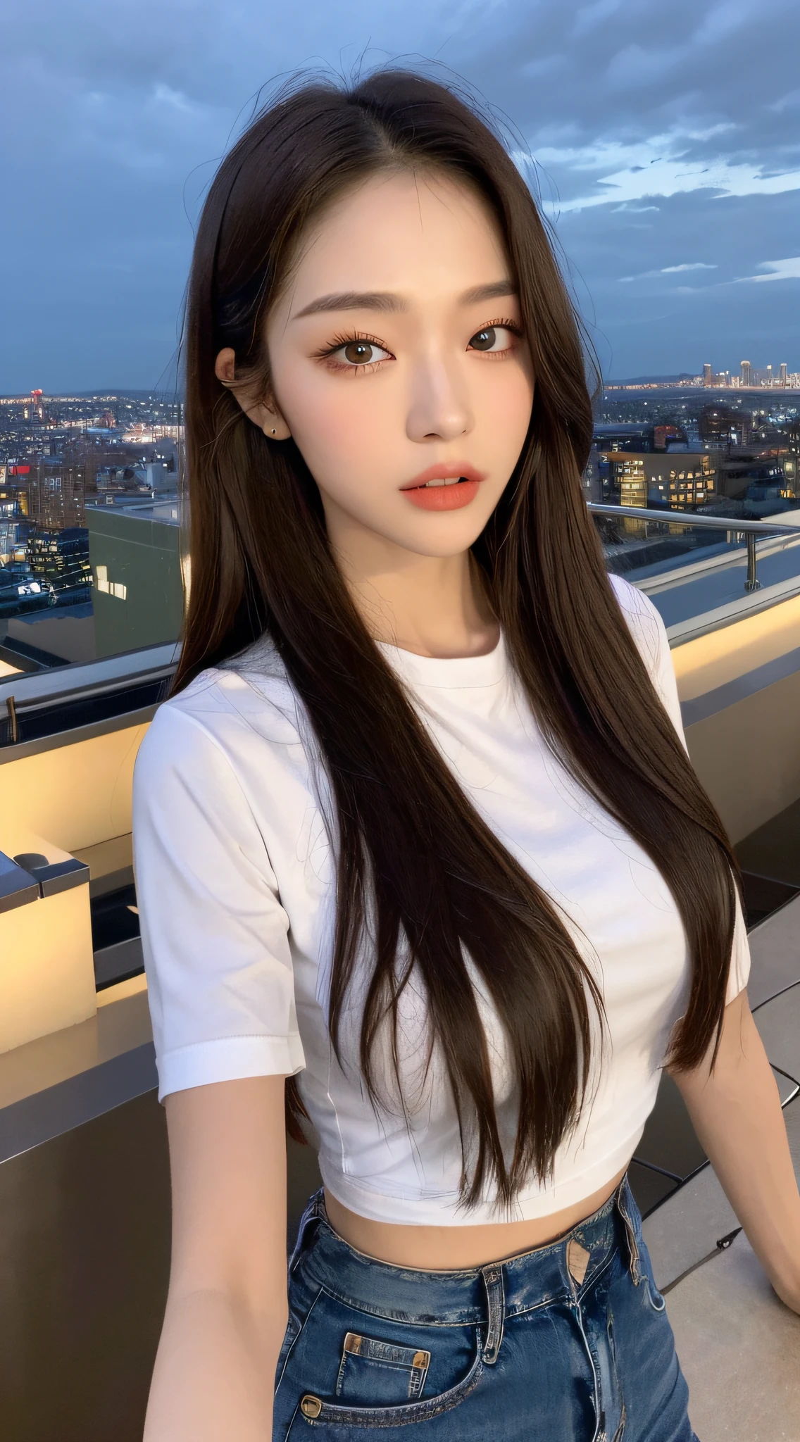 ((Midnight, Best quality, 8k, Masterpiece :1.3)), Whole body, Long legs, Sharp focus :1.2, A pretty woman with perfect figure :1.4, Slender abs :1.1, ((Dark brown hair, Big breasts :1.2)), (White tight tshirt, Jean bib, Standing:1.2), ((Night city view, Rooftop:1.3)), Highly detailed face and skin texture, Detailed eyes, Double eyelid
