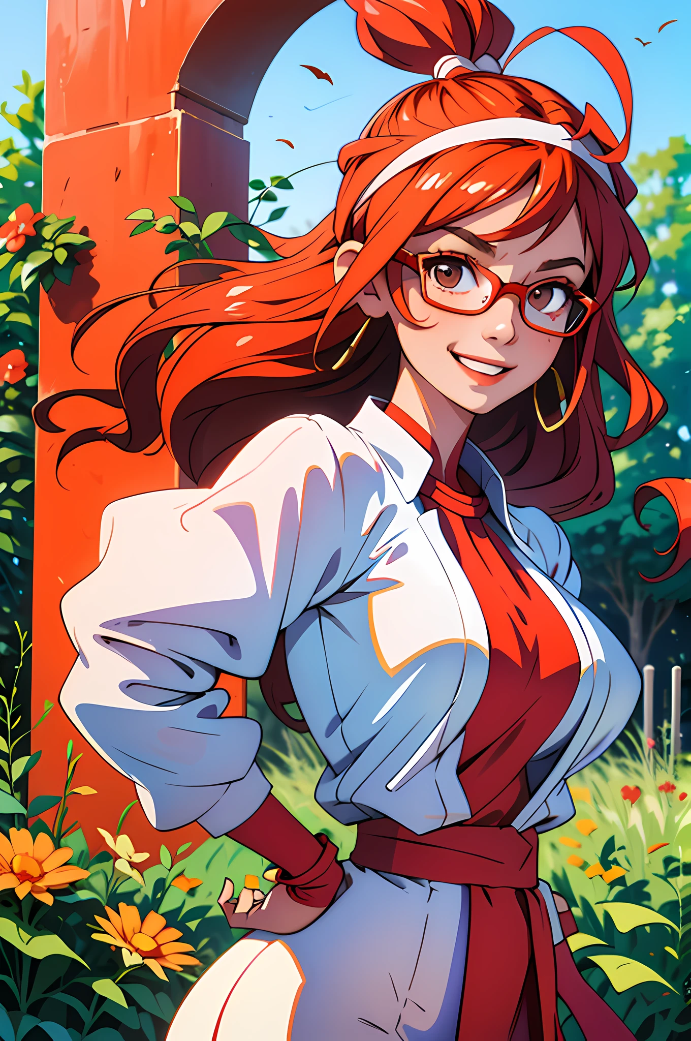 Masterpiece, best quality, purah, red glasses, hair accessories, hair sticks, red headband, white shirt, bare shoulders, white jacket, black skirt, orange leggings, big breasts, looking at the audience, entrance, garden, leaning forward, upper body, hands on hips, smiling