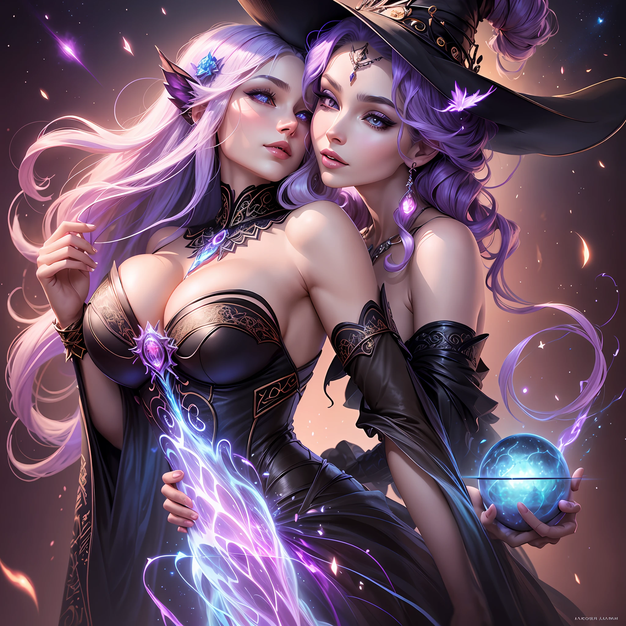 Glowing, fantasy witch named Ava Adam, perfect face, fantasy beautiful body, grand symphony lace classic dress, near-perfect, pure form, simple, concept art, intricate details, abstract beauty, flash, stardust, happy love, heat, soft light, colorful symphonic background, fantasy seductive relationship,