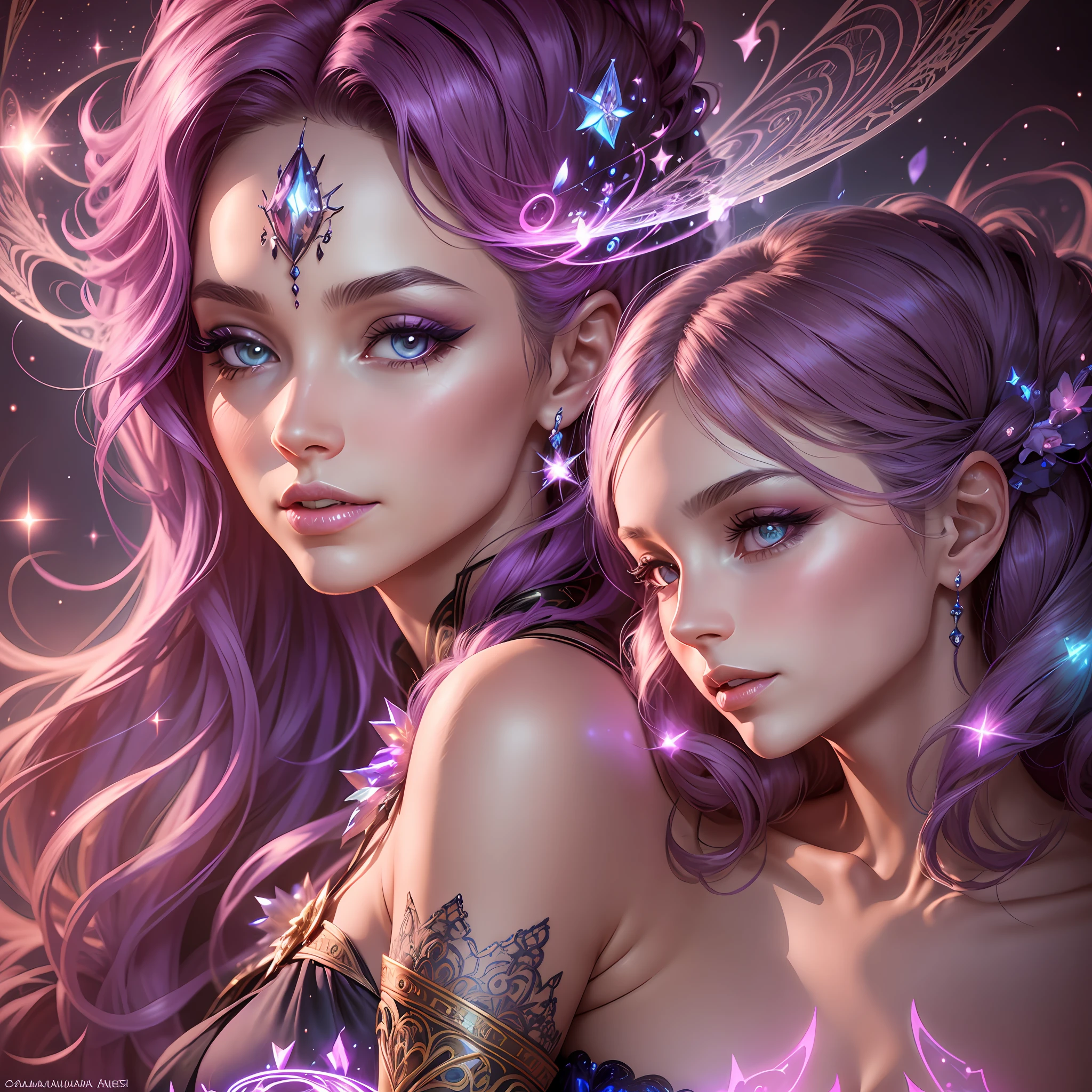 Glowing, fantasy witch named Ava Adam, perfect face, fantasy beautiful body, grand symphony lace classic dress, near-perfect, pure form, simple, concept art, intricate details, abstract beauty, flash, stardust, happy love, heat, soft light, colorful symphonic background, fantasy seductive relationship,