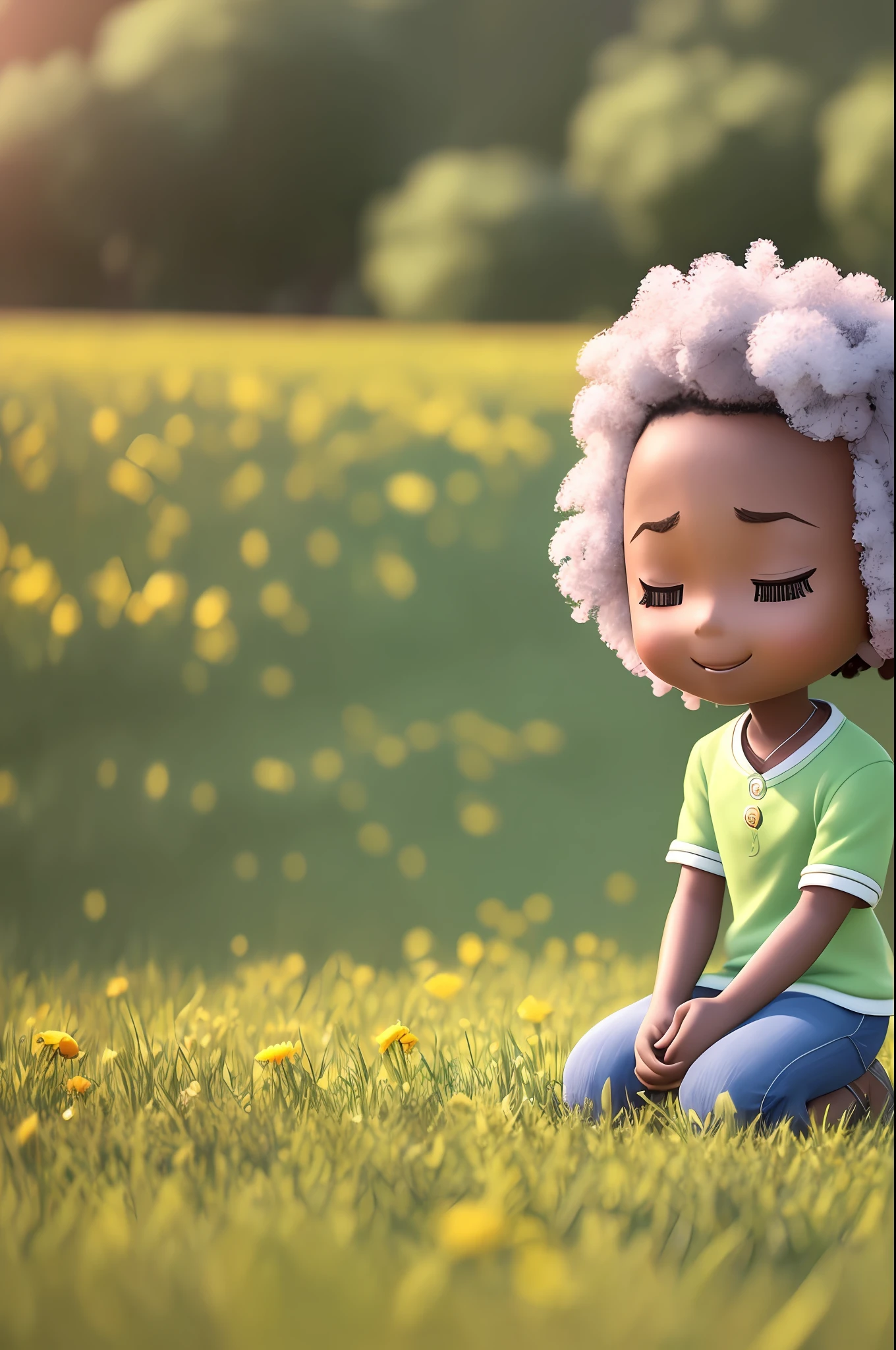 3D chibi a happy cartoon character praying on his knees in a field, black girl, ((eyes half-closed)), eyes closed, movie art, clean shot, ghailan!, like a pixar character, pretty child, afro hair long, (((full length))), grace and blessing, rendered unreal, movie promo image, rendered upscale image - --auto --s2