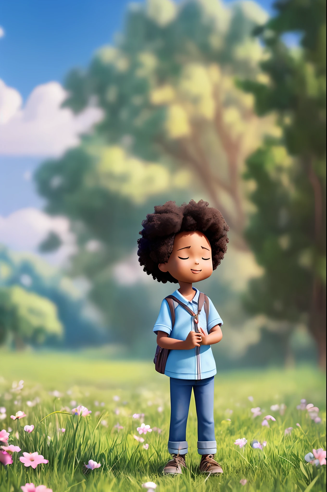 3D chibi a happy cartoon character praying on his knees in a field, black girl, ((eyes half-closed)), eyes closed, movie art, clean shot, ghailan!, like a pixar character, pretty child, afro hair long, (((full length))), grace and blessing, rendered unreal, movie promo image, rendered upscale image - --auto --s2