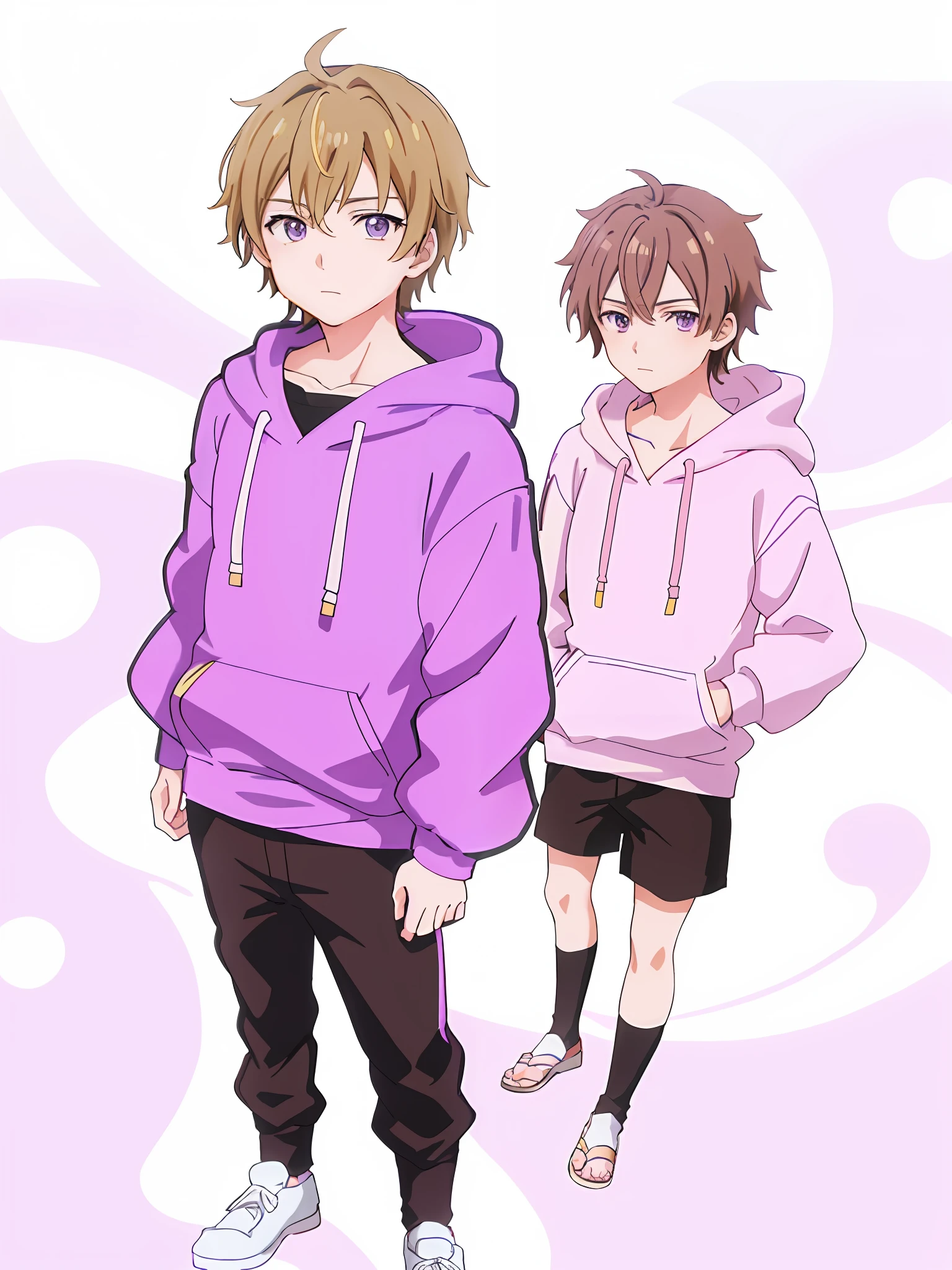Anime boy with purple eyes with brown hair and yellow hoodie, Kyoani, short brown hair and big eyes, anime boy, chibi, Sogo Okita, cute anime face, anime chibi, boy with neutral face, anime character, anime character, anime character, in anime style, young anime man, cool anime face, ghibliart style