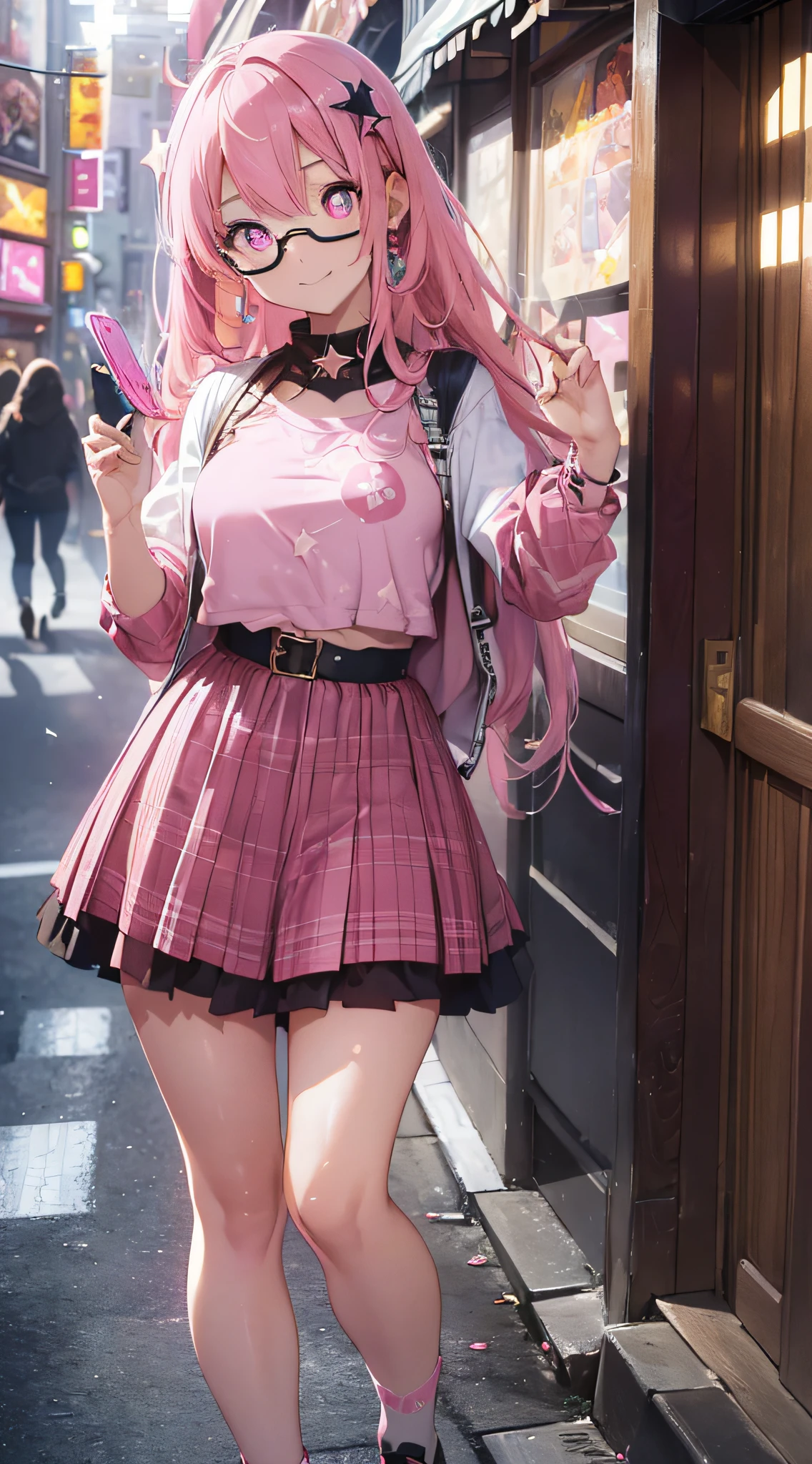 ((selfie))(((masterpiece))),((ultra detailed,best quality, highres, cinematic lighting, twinkle,glitter,lens flare,light particles,shiningtoned, 8k wallpaper, beautiful Clothes,)),fullbody,wide shot,fullbodyshot
 (1 girl)((pink hair, long hair,straight hair))(two side up, green eyes),eyeshadow, eyeliner,glow eyes, intricate eyes, beautiful eyes,((star-shaped pupils,glowing pink pupils))18-year-old girl.smile,Wearing ray-ban(harajuku)