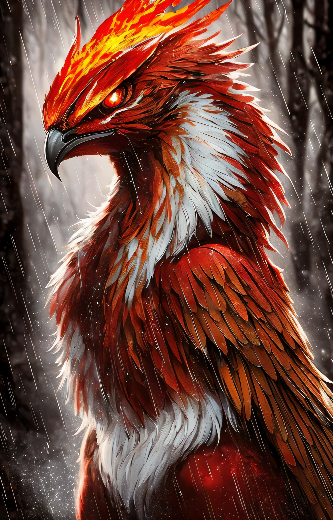 There is a bird with red and white head and red and white beak, artwork of phoenix, digital painting highly detailed, 4K highly detailed digital art, 4K detailed digital art, highly detailed digital painting, fear, detailed painting 4K, fiery bird, phoenix wallpaper, very detailed digital painting, very detailed digital art, background trees changed to dense woods