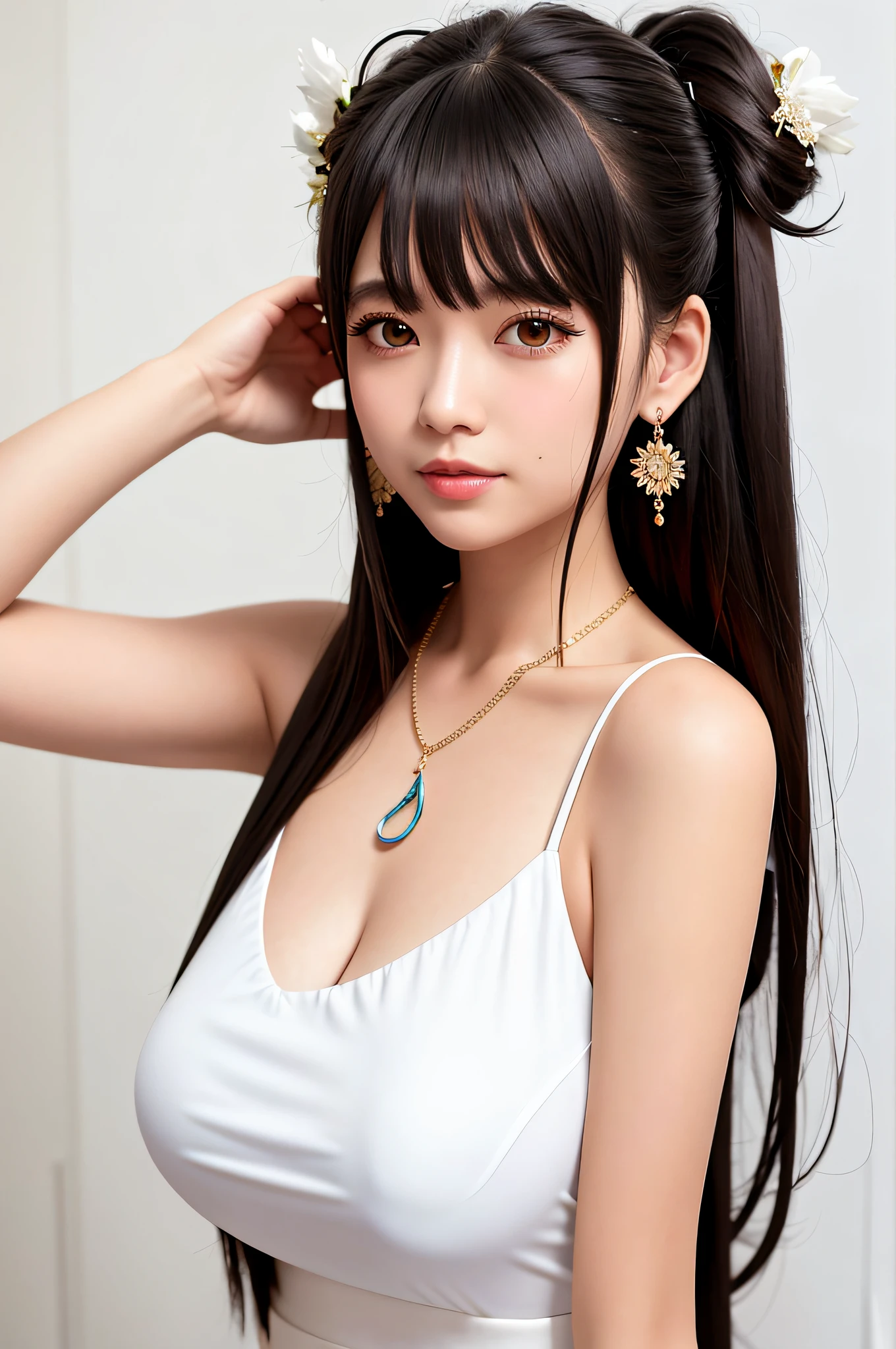 1 girl, ahoge, bangs, bare shoulders, dark hair, blush, chest, cleavage, collarbone, crossed bangs, dress, earrings, eye to eye, hair ornament, huge breasts jewelry, long hair, looking at viewer Yes, necklace, official alternate costume, one side up, split lip, open chest, red eyes, sleeveless, sleeveless dress, smile, solo, Taiho (Azur Lane), upper body, very long hair, white dress, (shiny skin with), (masterpiece: 1.4), (best quality: 1.4), realistic