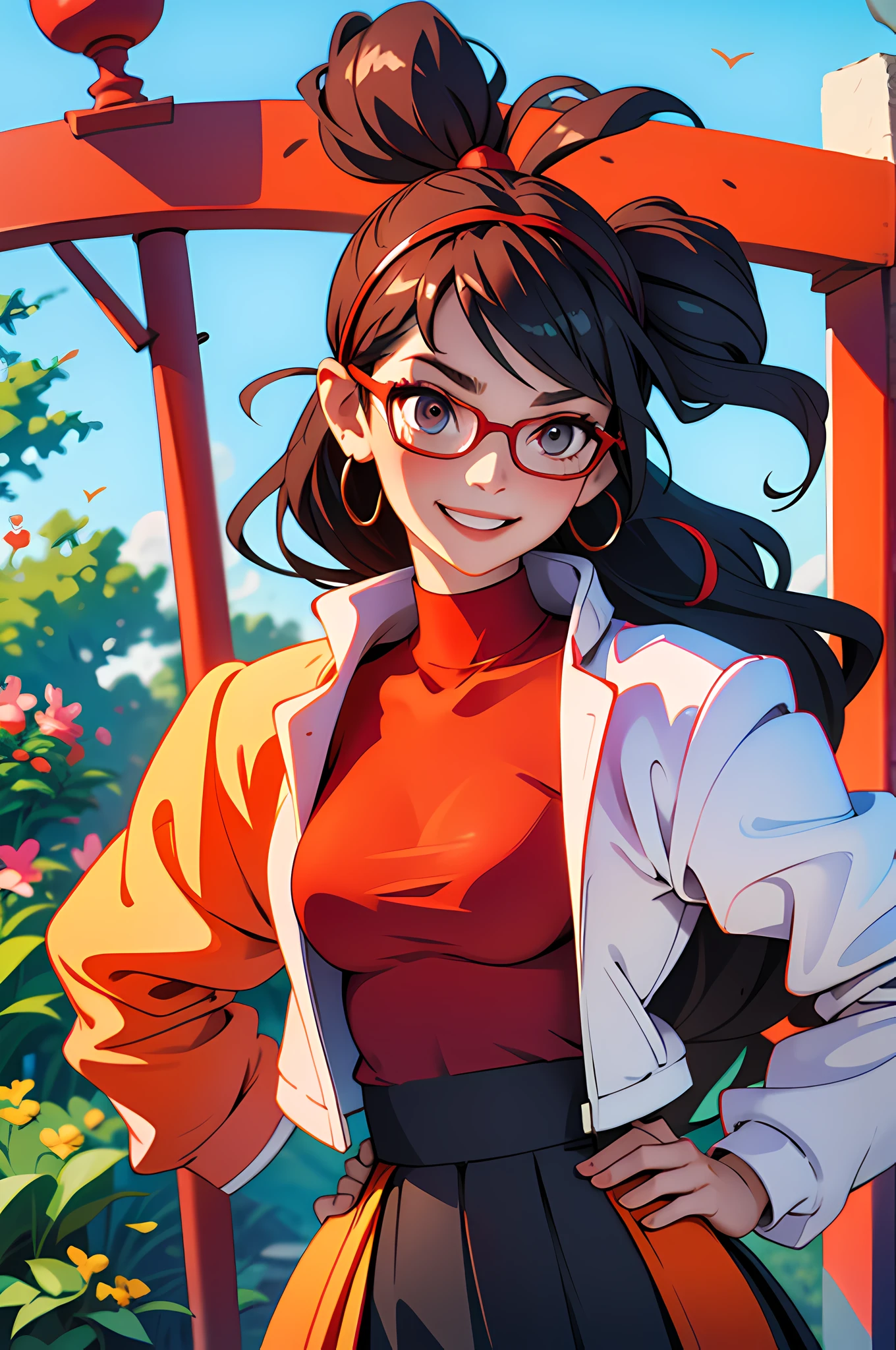Masterpiece, best quality, purah, red glasses, hair accessories, hair sticks, red headband, white shirt, bare shoulders, white jacket, black skirt, orange leggings, big breasts, looking at the audience, entrance, garden, leaning forward, upper body, hands on hips, smiling