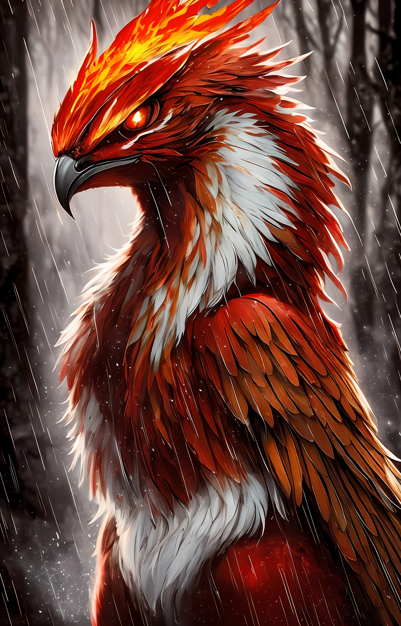 There is a bird with red and white head and red and white beak, artwork of phoenix, digital painting highly detailed, 4K highly detailed digital art, 4K detailed digital art, highly detailed digital painting, fear, detailed painting 4K, fiery bird, phoenix wallpaper, very detailed digital painting, very detailed digital art, background trees changed to dense woods
