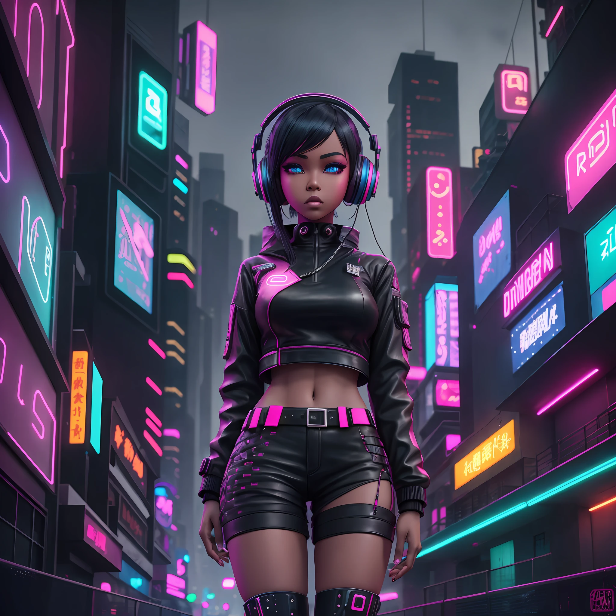 ebony girl cyberpunk BJD doll girl, wearing headphones and a short outfit in black, burgundy, cerulean and Nadeshiko pink, inspired in Andre Courrèges designs. She is walking. Bars and restaurants with neon signs in Chinese letters.
Boardwalk next to a river, in a futuristic Chinese city, the buildings façades are giant colourful screens.
Dark, nighttime, foggy rainy night.
Illuminated by neon, city lights, signs.
Great angular, deep depht of field. High definition. Digital art, 3d, realistic raytraicing. --auto --s2