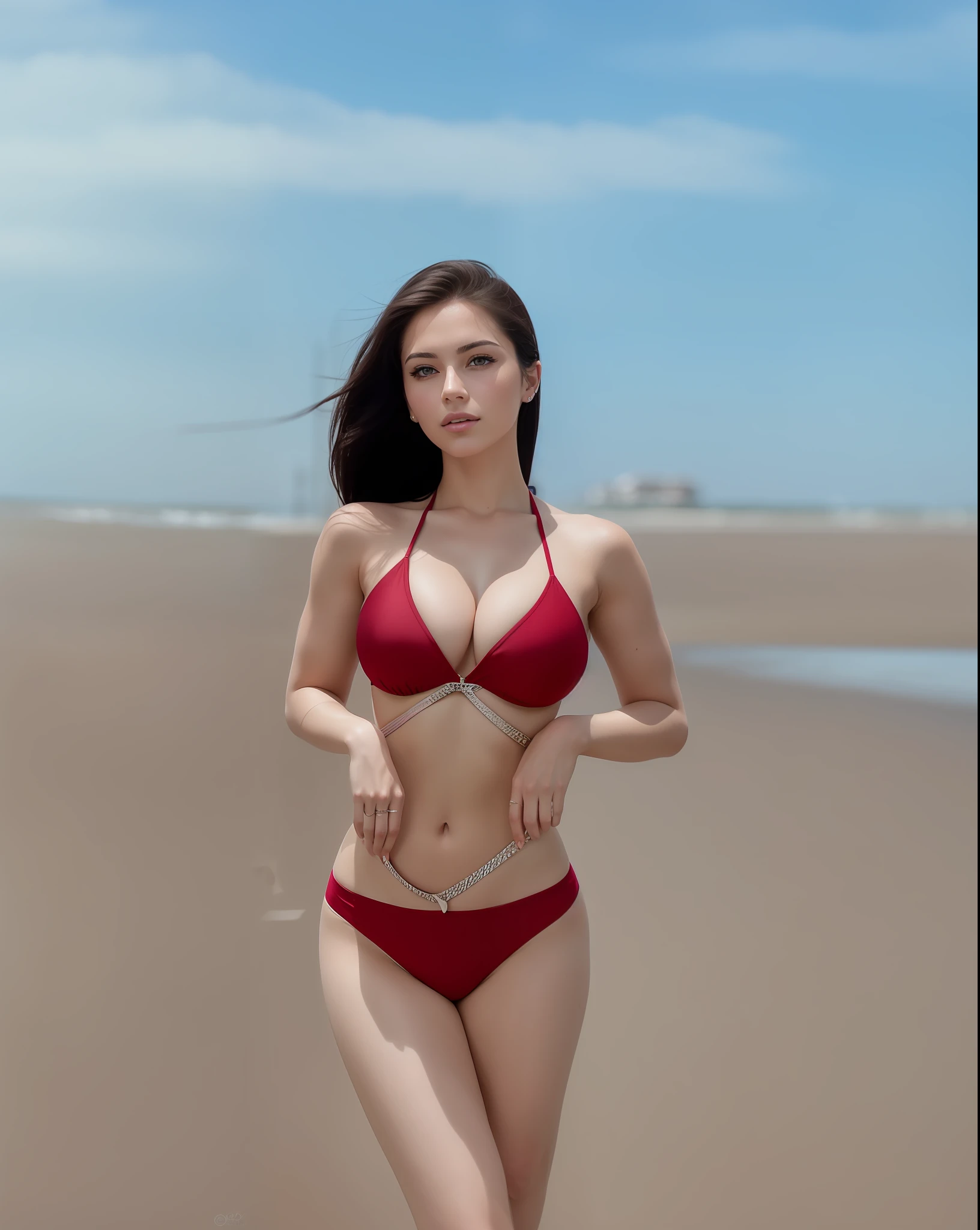 Picture of a French woman. Fit face. 22 years old, Sharp chin, photography, raw photo, masterpiece, extremely detailed photo, DSLR, photorealistic 1.4, ultra hi res, best quality, full body picture, tall, toned, busty, black hair, shoulder length hair, pink lips, blue eyes,