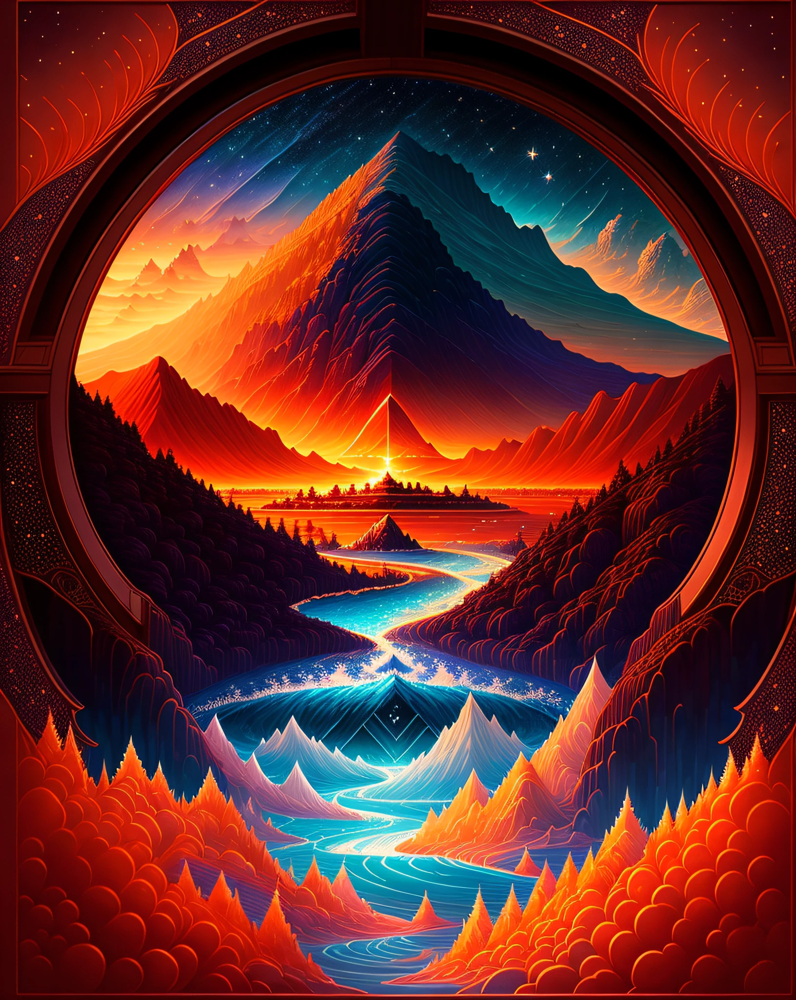 A beautiful Earth full of water and lava, intricate, masterpiece, expert, very detailed, 4k, composition, frame, center, symmetry, painting, intricate, volumetric lighting, beautiful, rich dark masterpiece, sharp focus, ultra-detail, in the style of Dan Mumford and Marc Simonetti, astrophotography