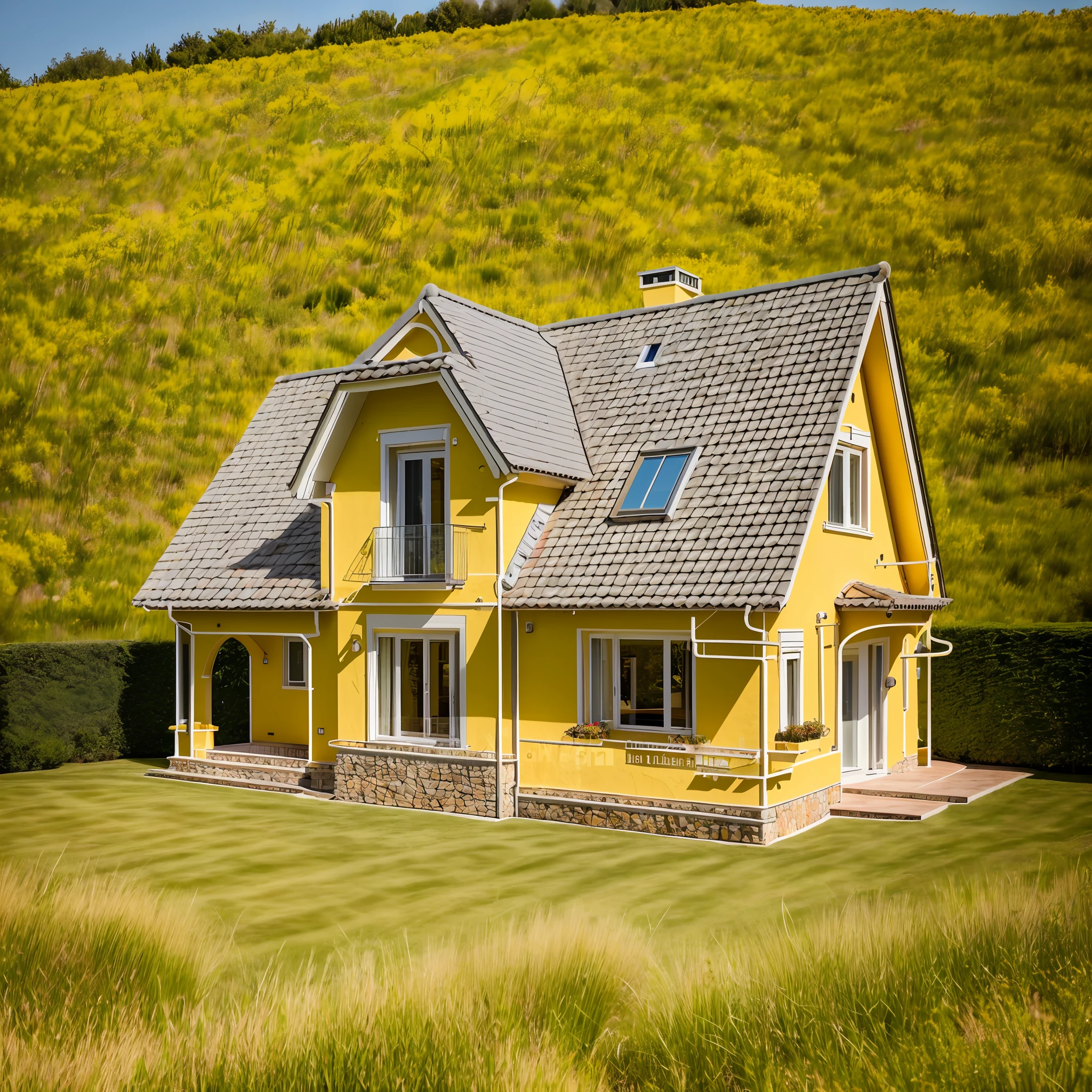 High quality photograph of a modern 2-story yellow house in soft lighting, captured with a DSLR camera and Fujifilm XT3, featuring a film grain effect. A huge garden at the front and a beautiful Tuscan landscape in the background. Ultra-high definition 8K resolution enhances image clarity.