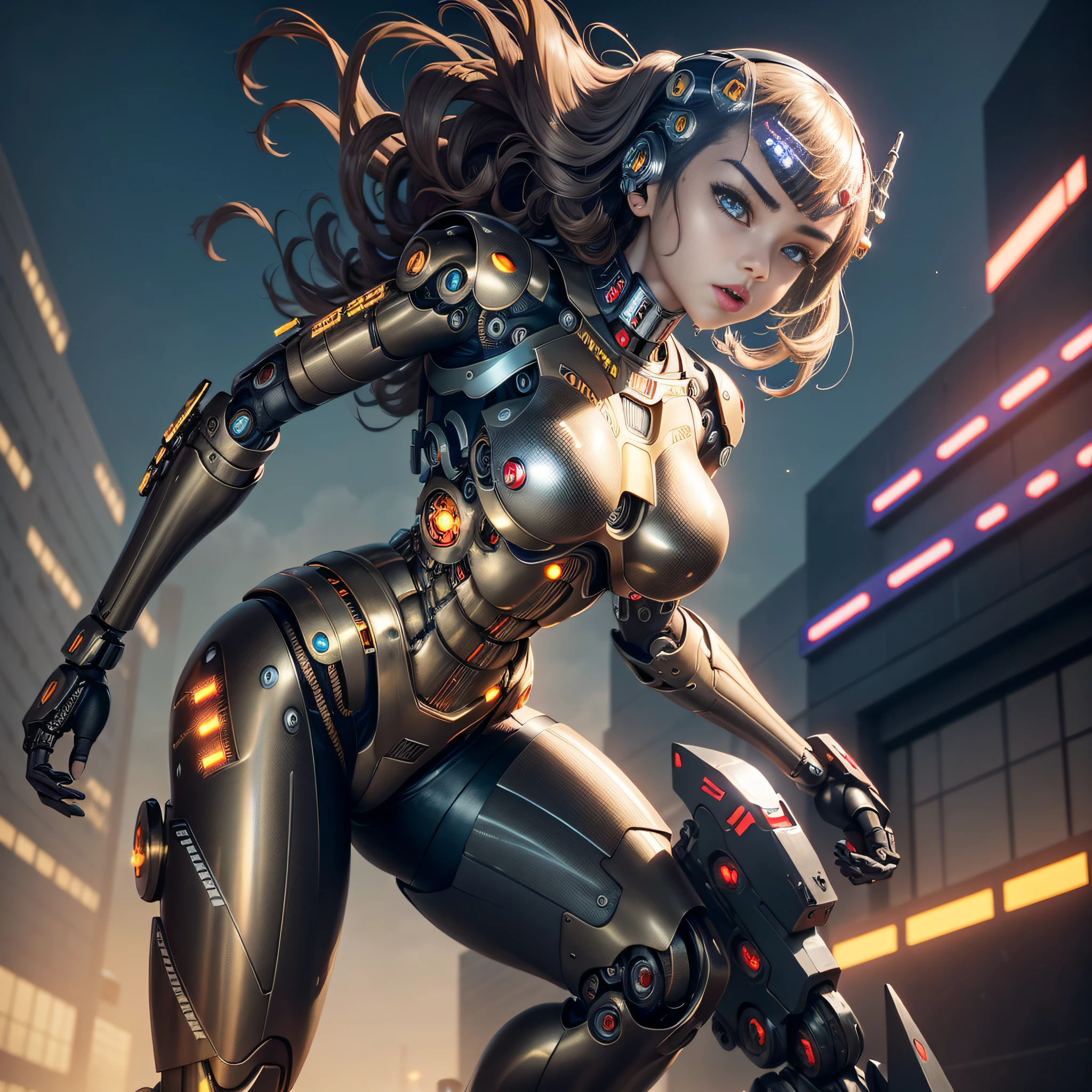 1girl, solo, Japanese girl, (((cyborg:1.4))), cyborg girl, cyborg armor, cyborg clothing, beautiful detailed eyes, finely detail, bright pupils, turquoise eyes, full body, large breasts:0.2, (((floating hair))), looking at viewer, pov, female focus, puffy eyes, short hair, bob hair, air bangs, dynamic pose, dynamic angle, close-up, fighting stance, fighting pose, run forward, running,(((golden metallic color | red metallic color | blue metallic color))),(((Metallic luster, metal reflective, mechanical details, extremely mechanical details, complex mechanical structure))), (((Mirrored Power Armor))), defeated, corpse, bleed, battlefield, mechanized background, giant robot in the background, outdoors, cinematic lighting, Cyberpunk world. Cyberpunk metropolis, neon, Sci-fi style, sfw:1.98,