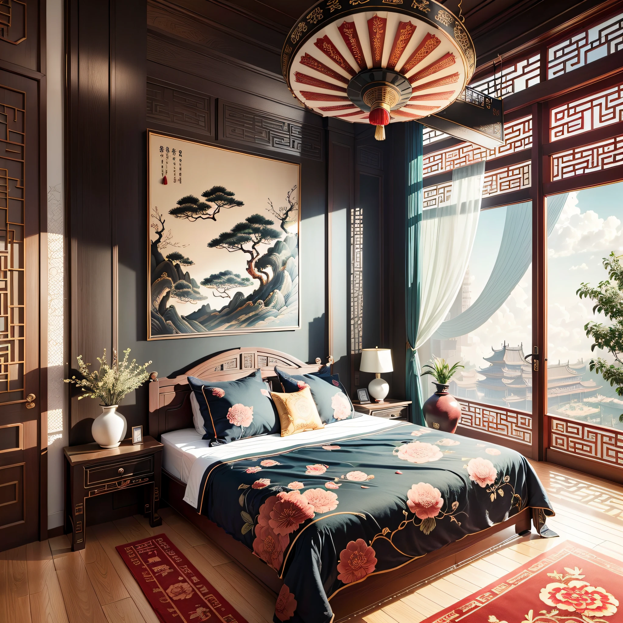 (Chinese interior, Forbidden City decoration style, Zen design, realistic documentary photography, ink fragrance, show history,) bedroom, front view view, fan detailing, jun porcelain hand fan, parquet floor, calm elegance, auspicious cloud mural, black pen style