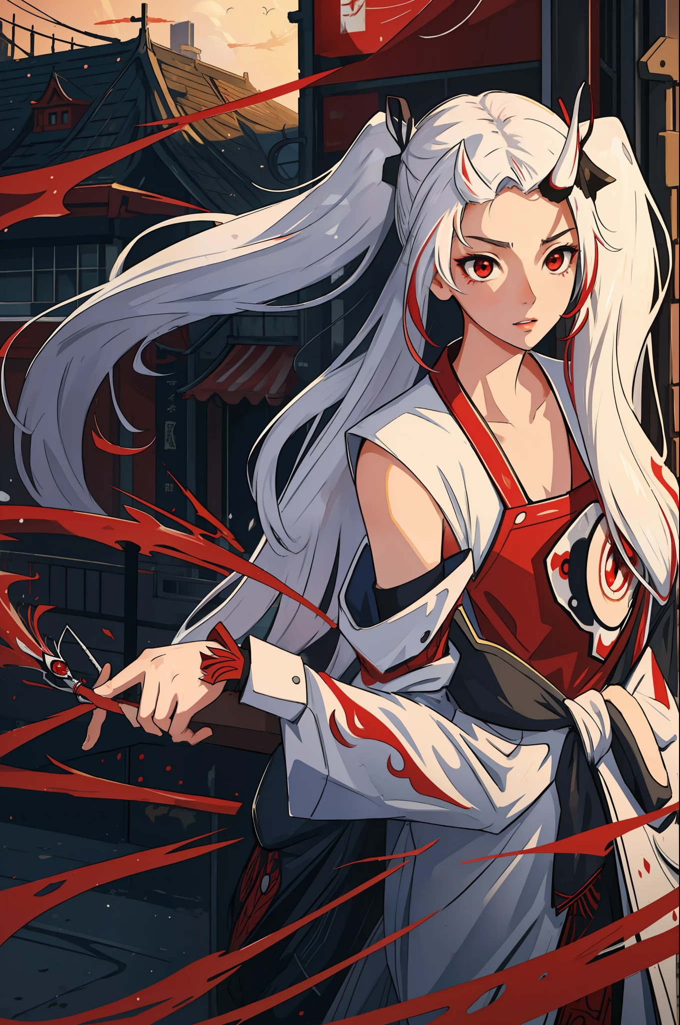 (masterpiece, best quality), intricate details, 8k, artstation, wallpaper, official art, splash art, sharp focus,
1girl, Nakiri Ayame, long hair, twintails, red eyes, white hair,
spider suit, spider web print, spider web,
skyscrappers, city, buildings, cars, street,