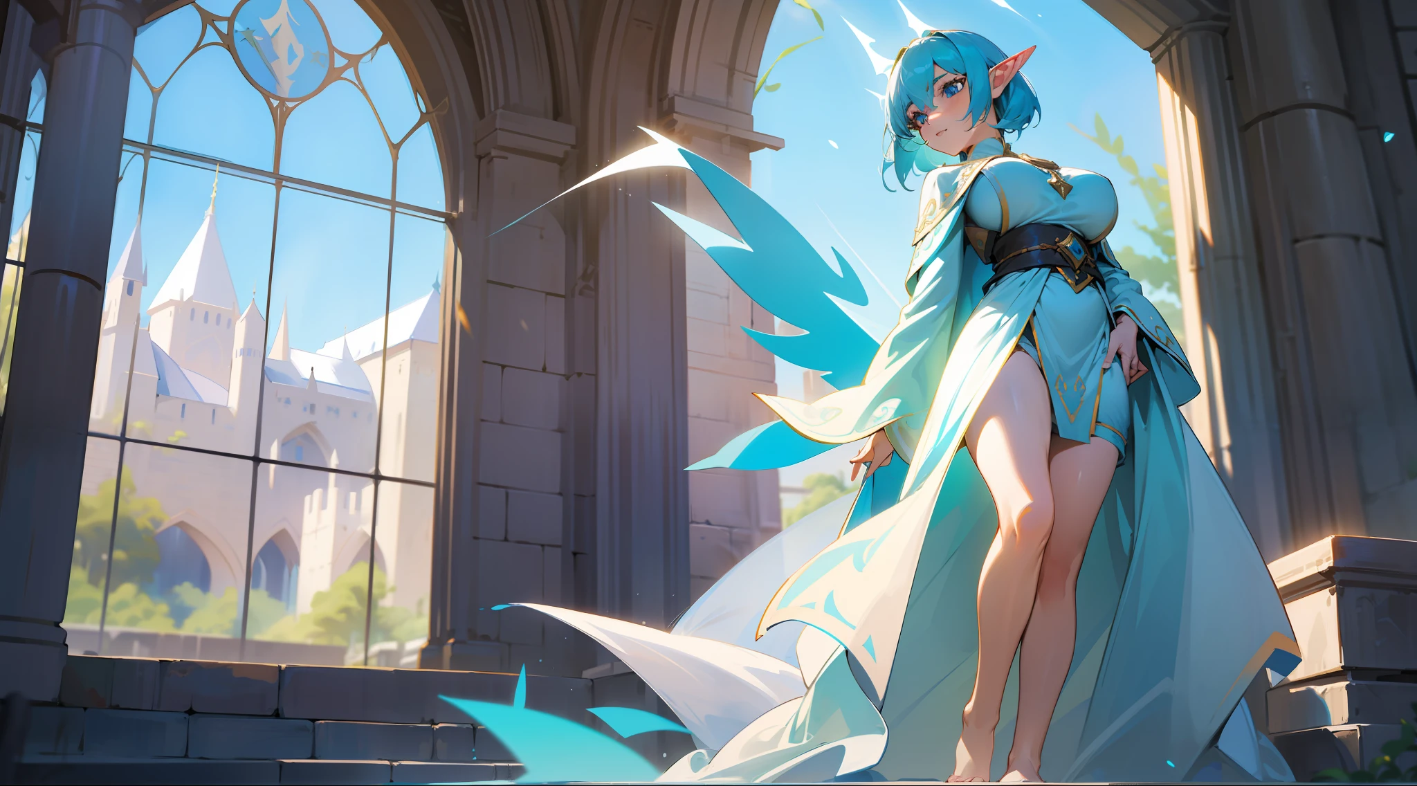 an elf mage, short cyan hair, bangs, large breasts, exposed thighs, hair between eyes, heroic posture, bright light blue eyes, full body, white and light blue robes, confident, fantasy, medieval, medieval castle, rays of sun, blue sky