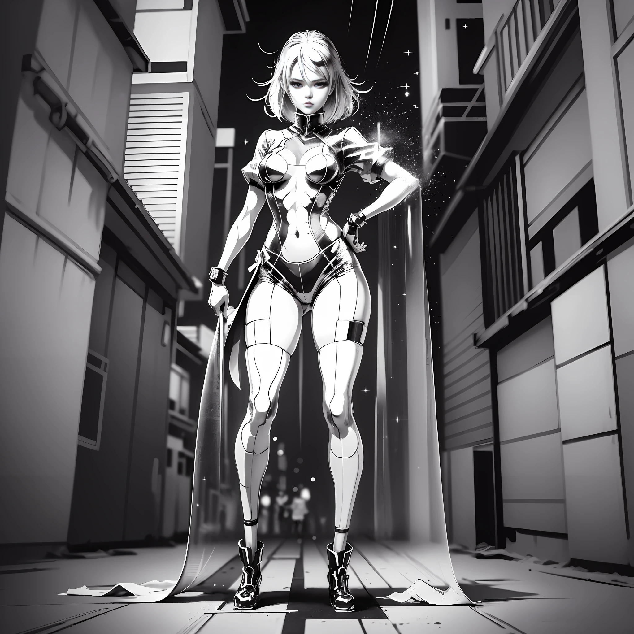 Masterpiece, Japanese retro black and white manga, master anime works, black and white art, line art, pen drawing art, a beautiful urban female model, full body white transparent clothes standing under empty night stars, disappearing transparent pants, full body standing posture, tall figure, slender legs, facial details, detailed body part details, 8k wallpaper