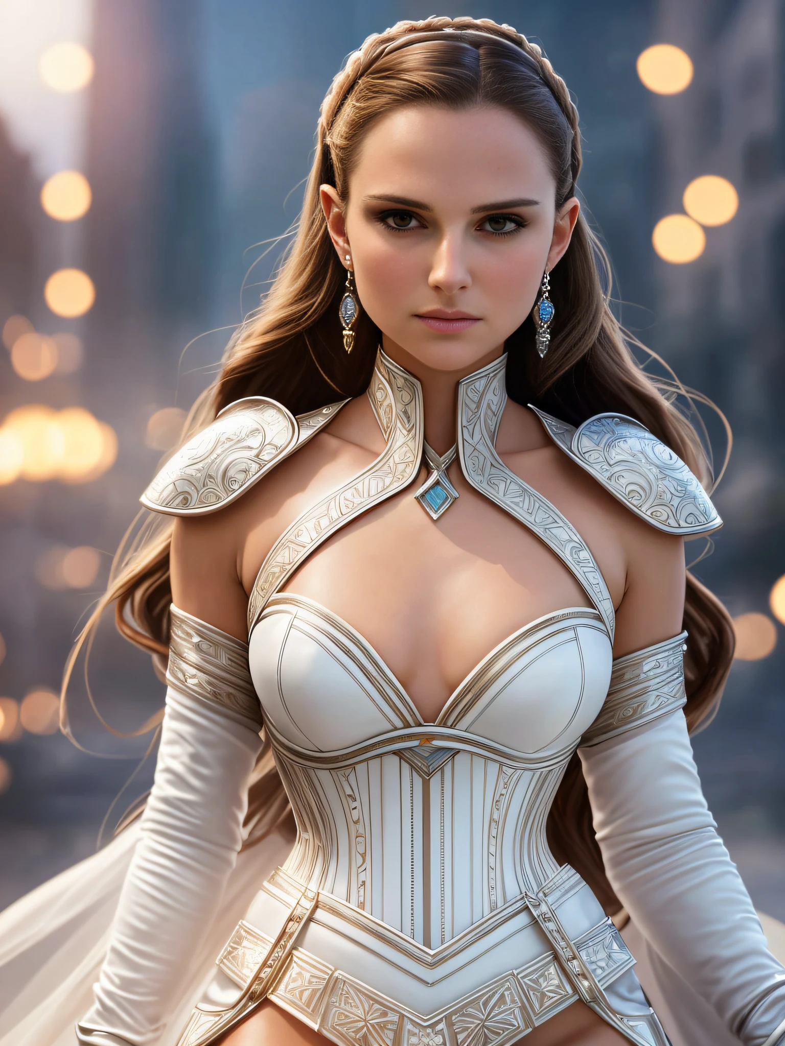 a photo of the beautiful Natalie Portman as Padmé Amidala, with 20 years, beautiful legs, wearing white leather corset, dress hopefully that falls white, beautiful earrings, elegant makeup, (long hair), sunset, the futuristic city of Juiz de Fora-MG in the background, style of (Steve McCurry), Nikon Z FX device, EF 70mm lens, cinematic lighting, studio context, long exposure style, long shot type, vibrant color scene, photorealistic, intrinsic, beautiful face, ultra-detailed face, perfect body, full body, flawless, realistic, highly detailed, art-station, trendy, masterpiece, realistic face, realistic skin, detailed eyes, great art, ultra realistic render n-9, 4K, 8K, 16K, 20K, HDR, UHD, 64K, perfect lighting, studio lighting, photorealistic, hyper realistic, symmetrical face, unreal engine, bokeh, high resolution scanning, professional photography