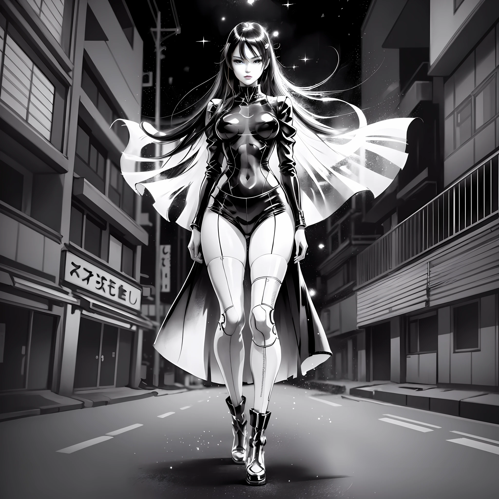 Masterpiece, Japanese retro black and white manga, master anime works, black and white art, line art, pen drawing art, a beautiful urban female model, full body white transparent clothes standing under empty night stars, disappearing transparent pants, full body standing posture, tall figure, slender legs, facial details, detailed body part details, 8k wallpaper