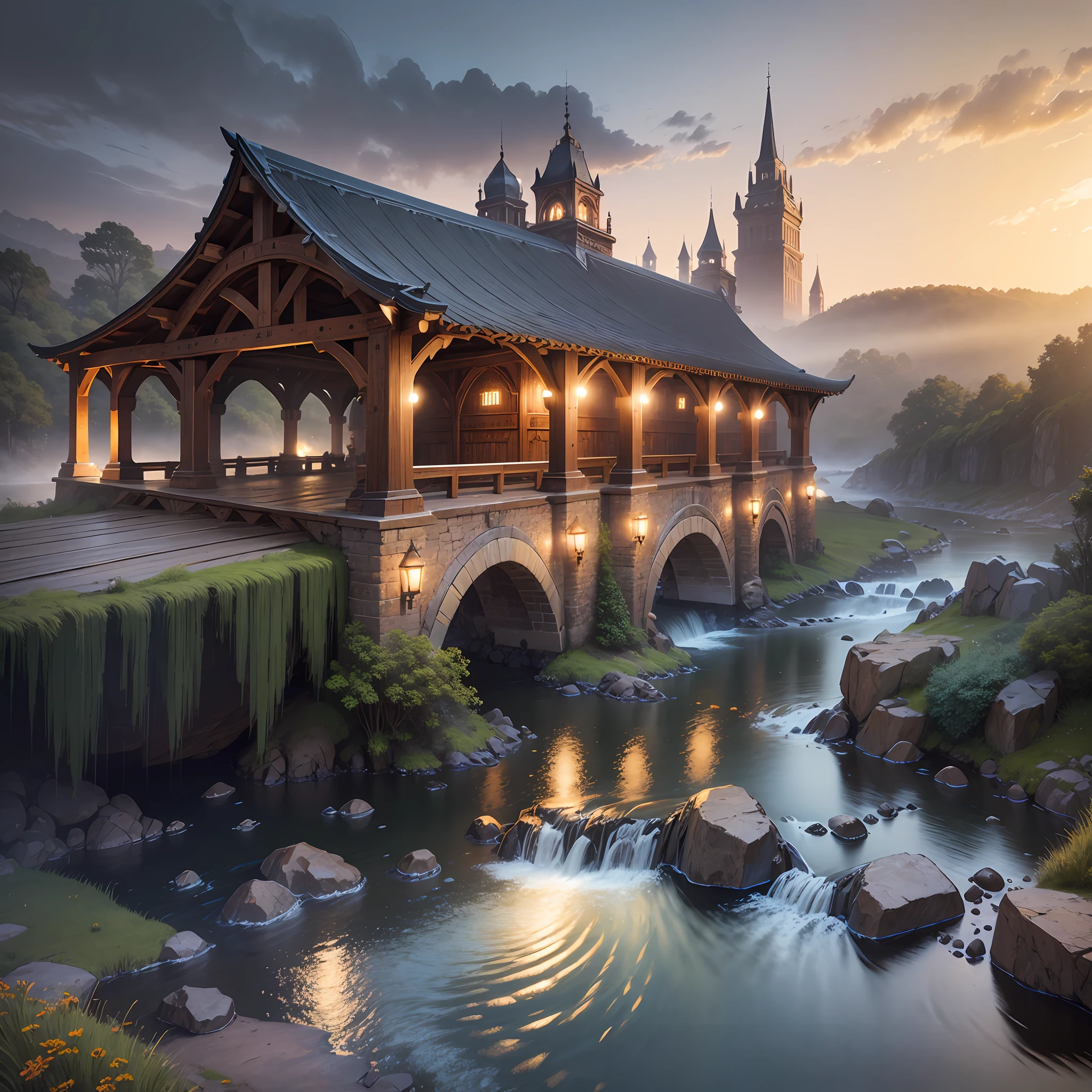 large beer barrel, bridge arch, bridge, (inscription New era legend),realistic fantasy, detailed, 1:5, 4kk, three-dimensional picture, fire, fog, rain, river, night, darkness, effective