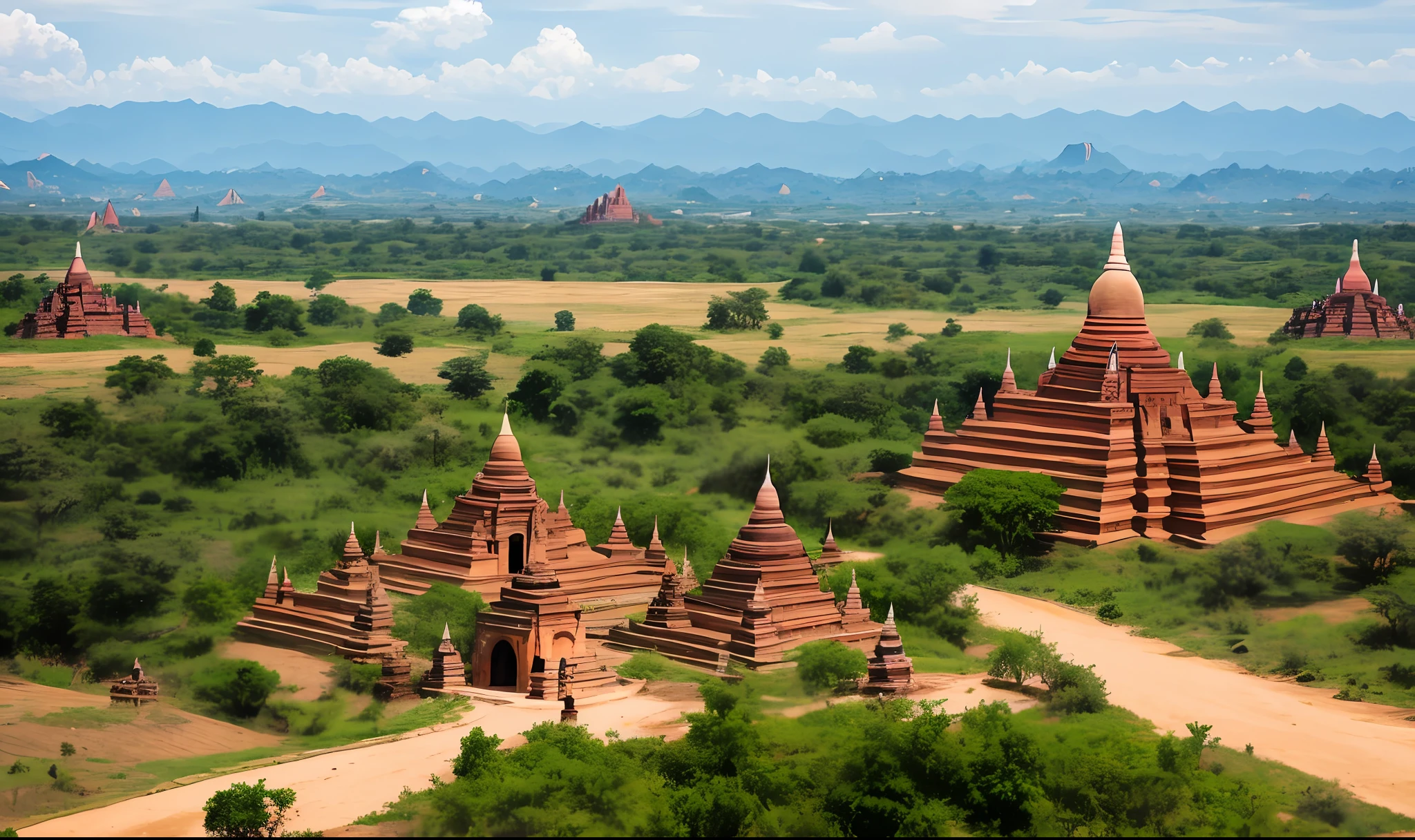 Myanmar's ancient Bagan Pagoda area can be seen from the mountain, and a tourist cart is going between the pagodas. The mud is scattered on the dirt road. The best photo.