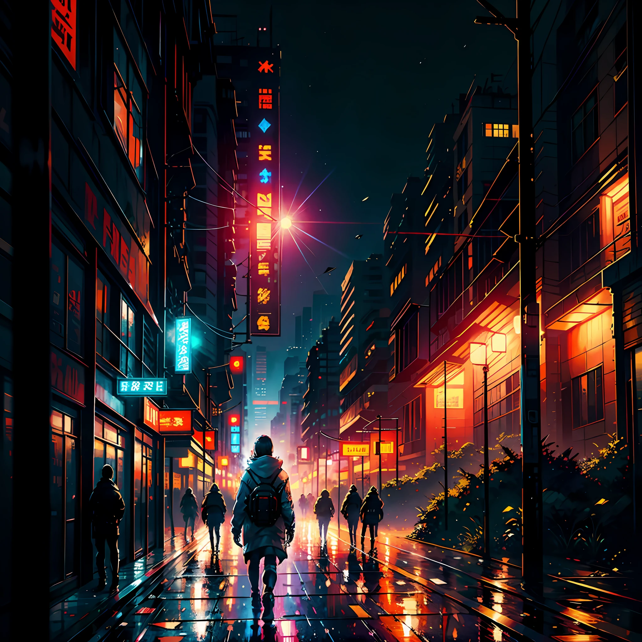 A group of people walking down a city street at night - SeaArt AI