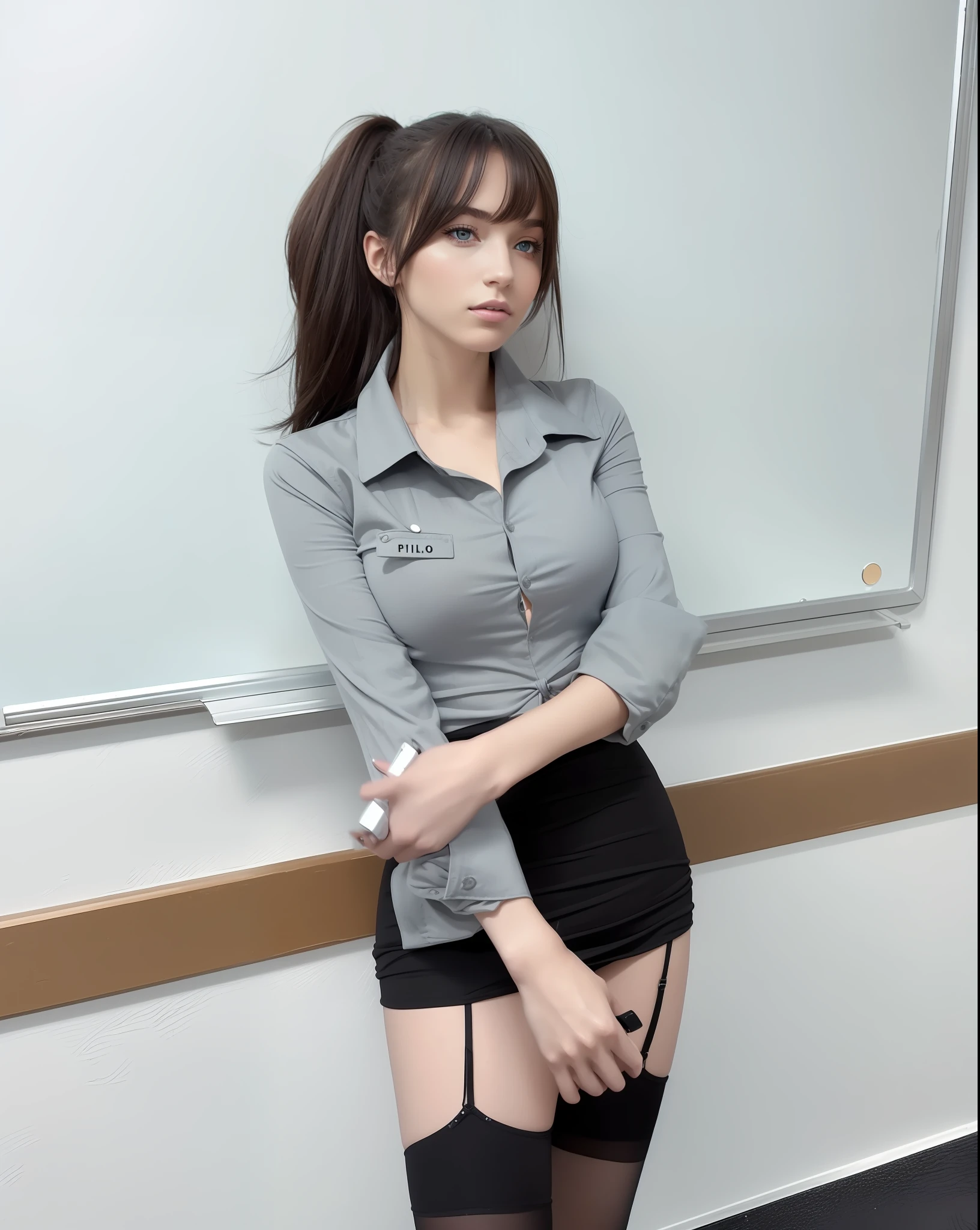 Picture of a French woman. Fit face. 22 years old, Sharp chin, photography, raw photo, masterpiece, extremely detailed photo, DSLR, photorealistic 1.4, ultra hi res, best quality, full body picture, tall, toned, busty, black hair, shoulder length hair, pink lips, blue eyes,
