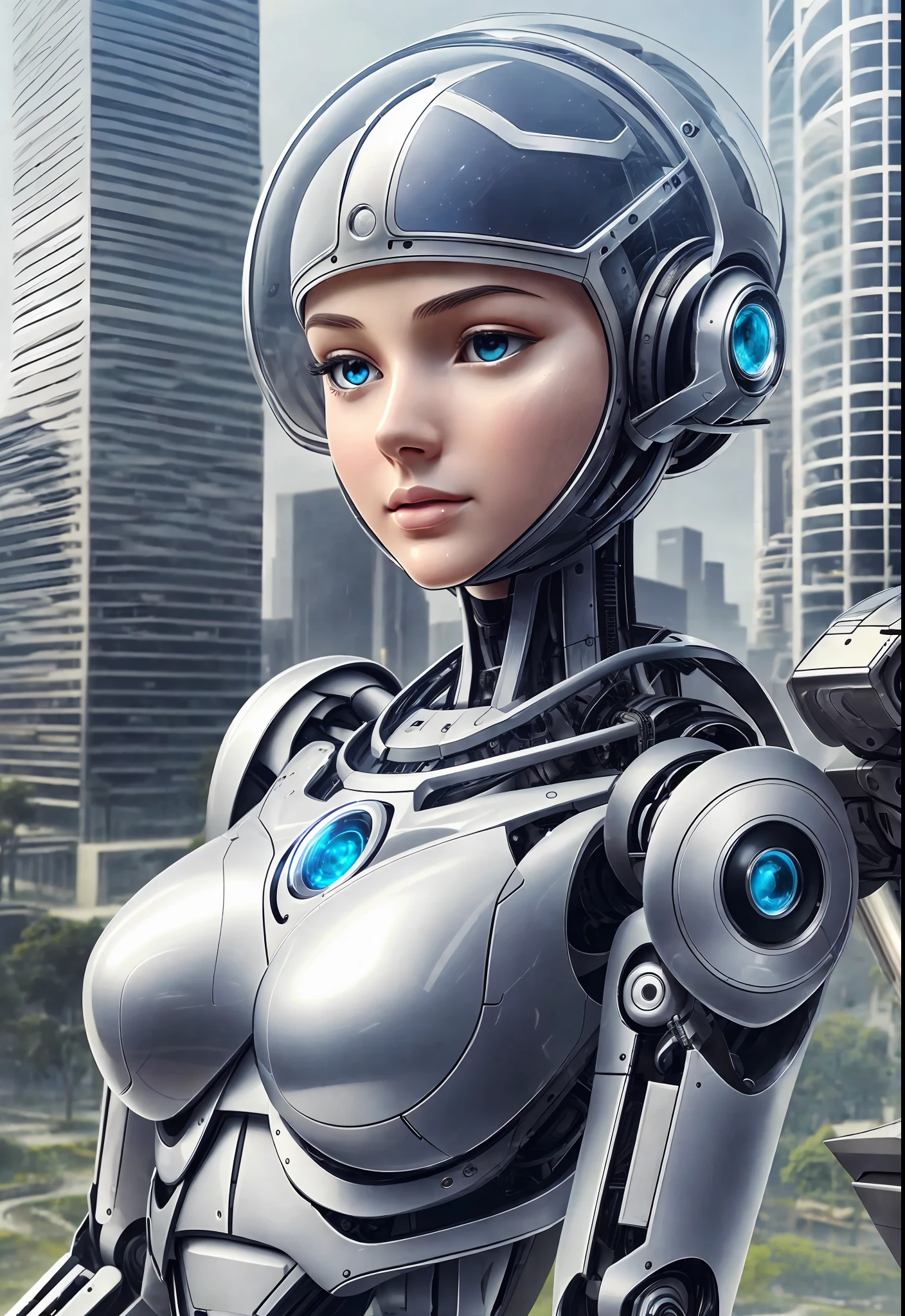 A robot with perfect female face, super realistic humanoid, robot with human-like face and mechanical detailed body, 8K image, robot with bird posing in its hand, peaceful environment, futuristic city background, super realistic robot with human-like physiognomy, peaceful robot, ((Masterpiece, best quality,)), dumb, (wet:1.2), girl, medium breasts, (see-through:1.3) --auto --s2