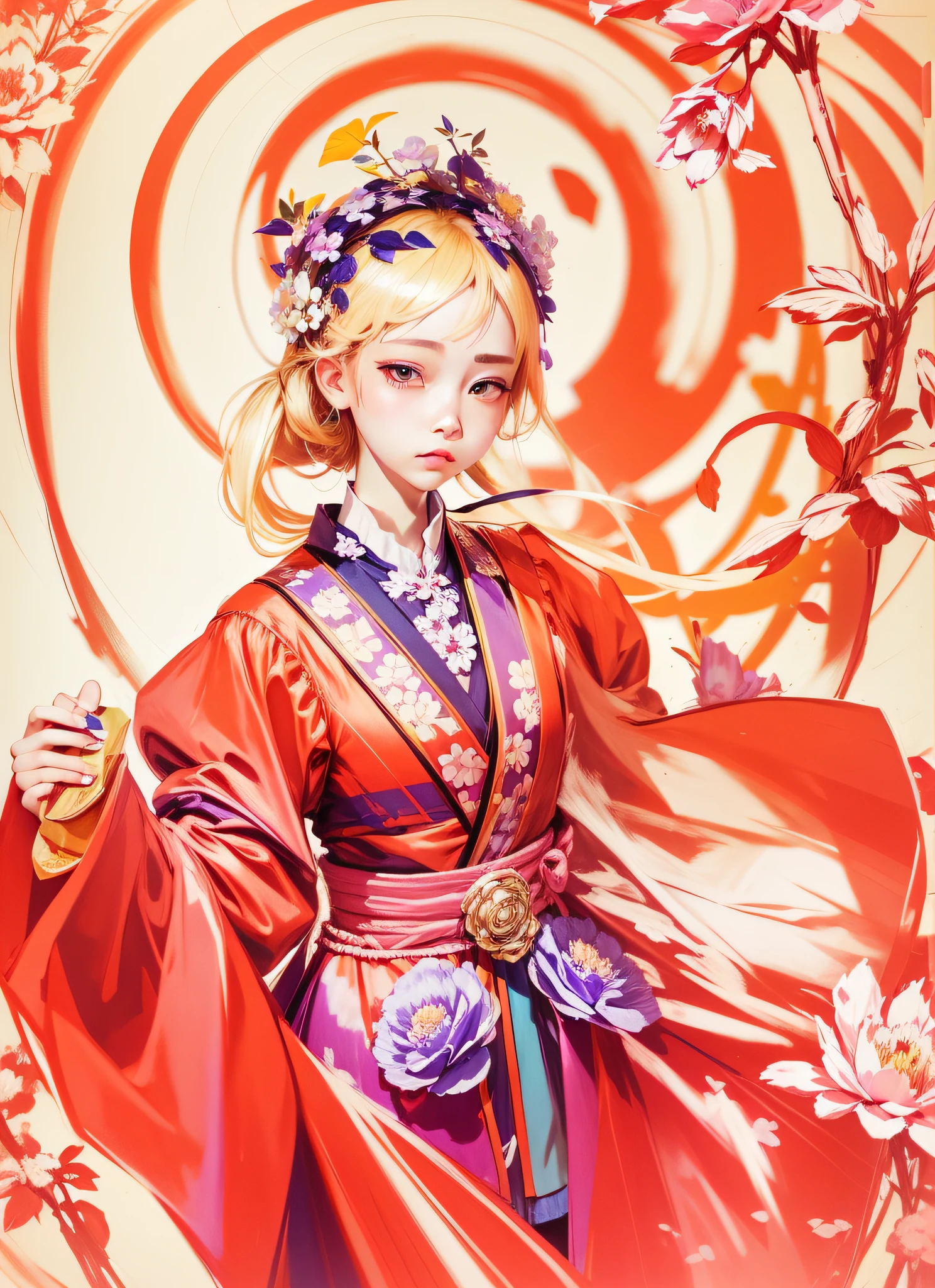 Yellow hair, blue clothes, sunny background, peony flowers blooming behind the girl --auto --s2