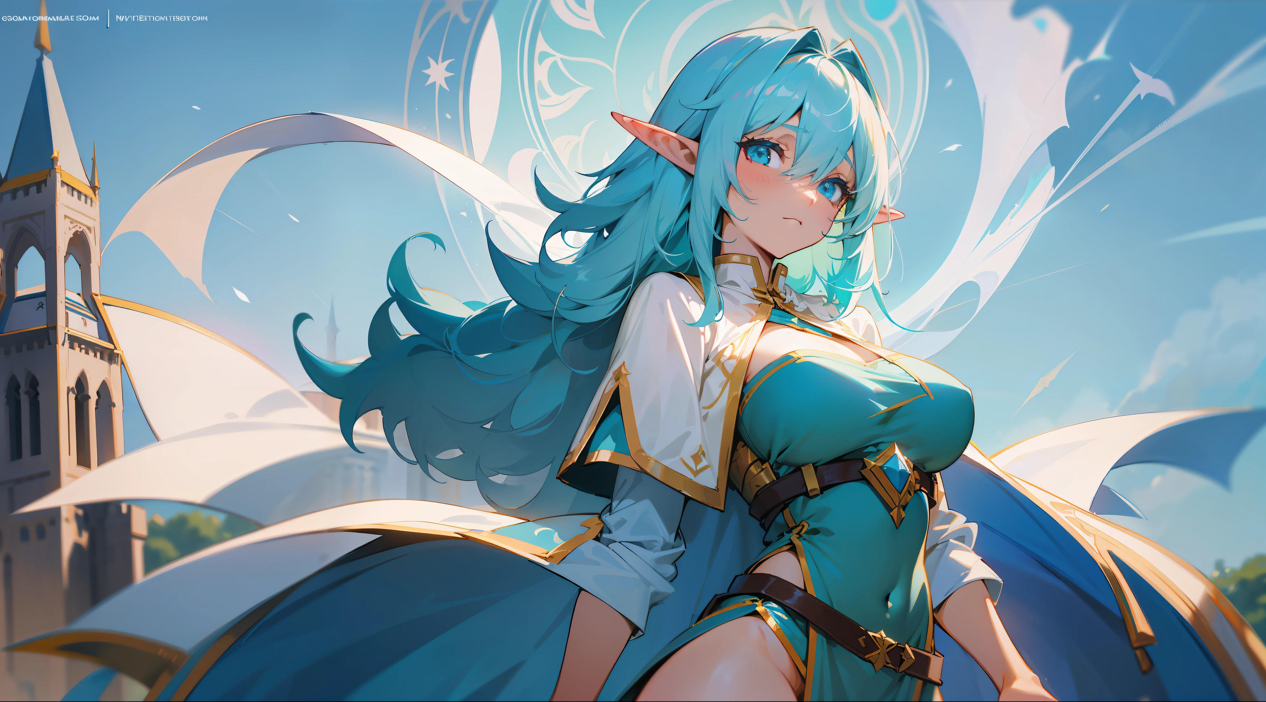 an elf mage, short cyan hair, bangs, large breasts, exposed thighs, hair between eyes, heroic posture, bright light blue eyes, full body, white and light blue robes, confident, fantasy, medieval, medieval castle, rays of sun, blue sky