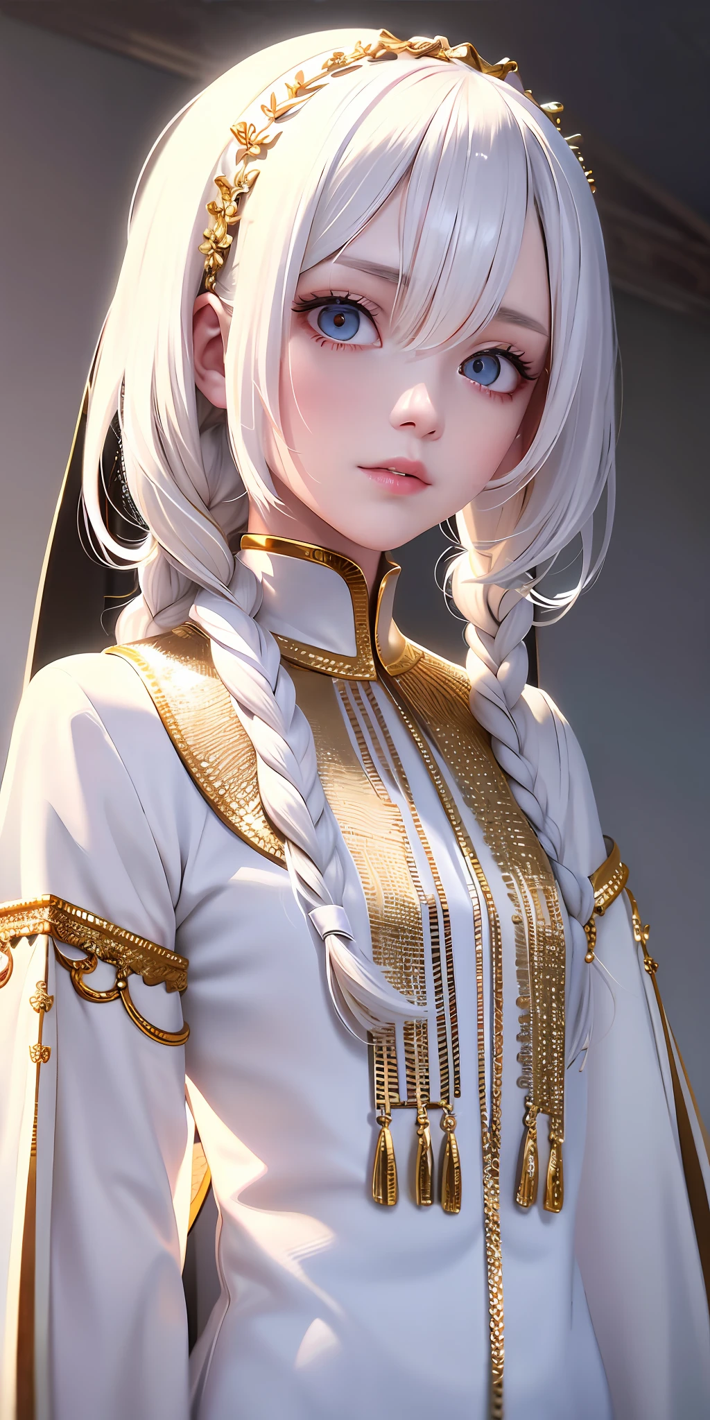 best quality, masterpiece,white hair, gold eyes,white clothes, looking up, upper body,hair strand,Fair skin,side braids