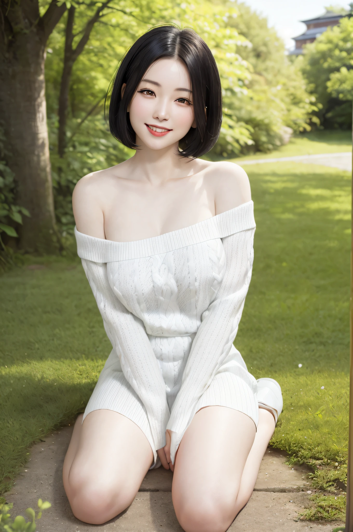 (vivid:1.4),A japanese woman stands in a green park, charming A japanese woman stands in a park where white clover blooms all around, a forest can be seen in the background, exquisite and beautiful face, exquisite collarbone, seductive and delicate collarbone, charming fragrant shoulders, shoulders slightly exposed,  open-shoulder long sweater,sky blue sweater, pretty face, (peach Red lips:1.1), tender and smooth skin,(white skin:1.6),(black hair:1.1),(bob hair:1.2), short hair,(smile:1.2),smile with teeth, white teeth,very realistic details,  ultra-high resolution,bokeh,outstanding details, full body