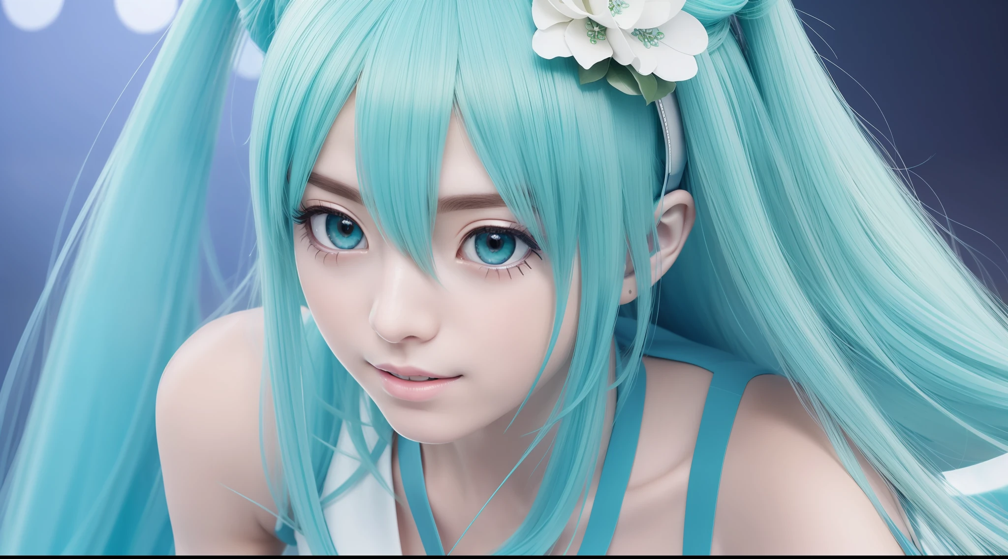 Top quality, masterpiece, high detail, most realistic, high resolution, one beautiful girl, she is Hatsune Miku, she is singing on stage