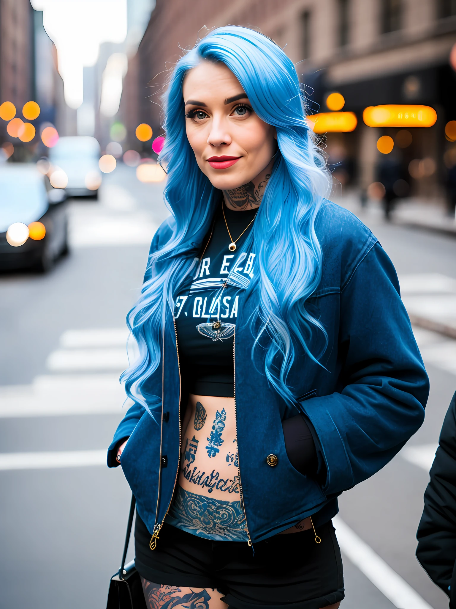 Pokket, filmed on DSLR, 8K, detailed face, blue hair, 25-year-old woman, is on the street in NYC, beautiful clothes, tattoos