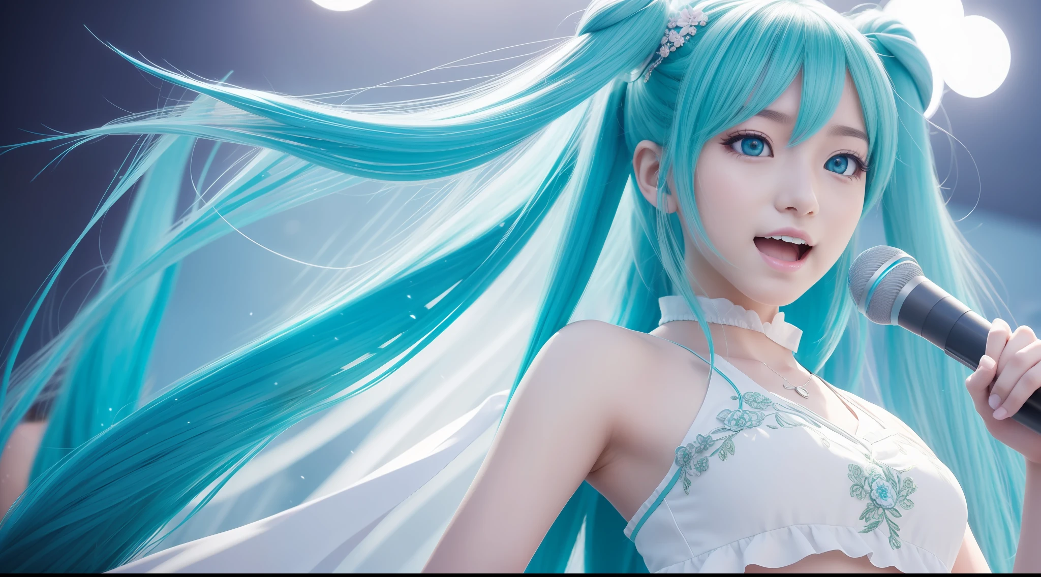 Top quality, masterpiece, high detail, most realistic, high resolution, one beautiful girl, she is Hatsune Miku, she is singing on stage