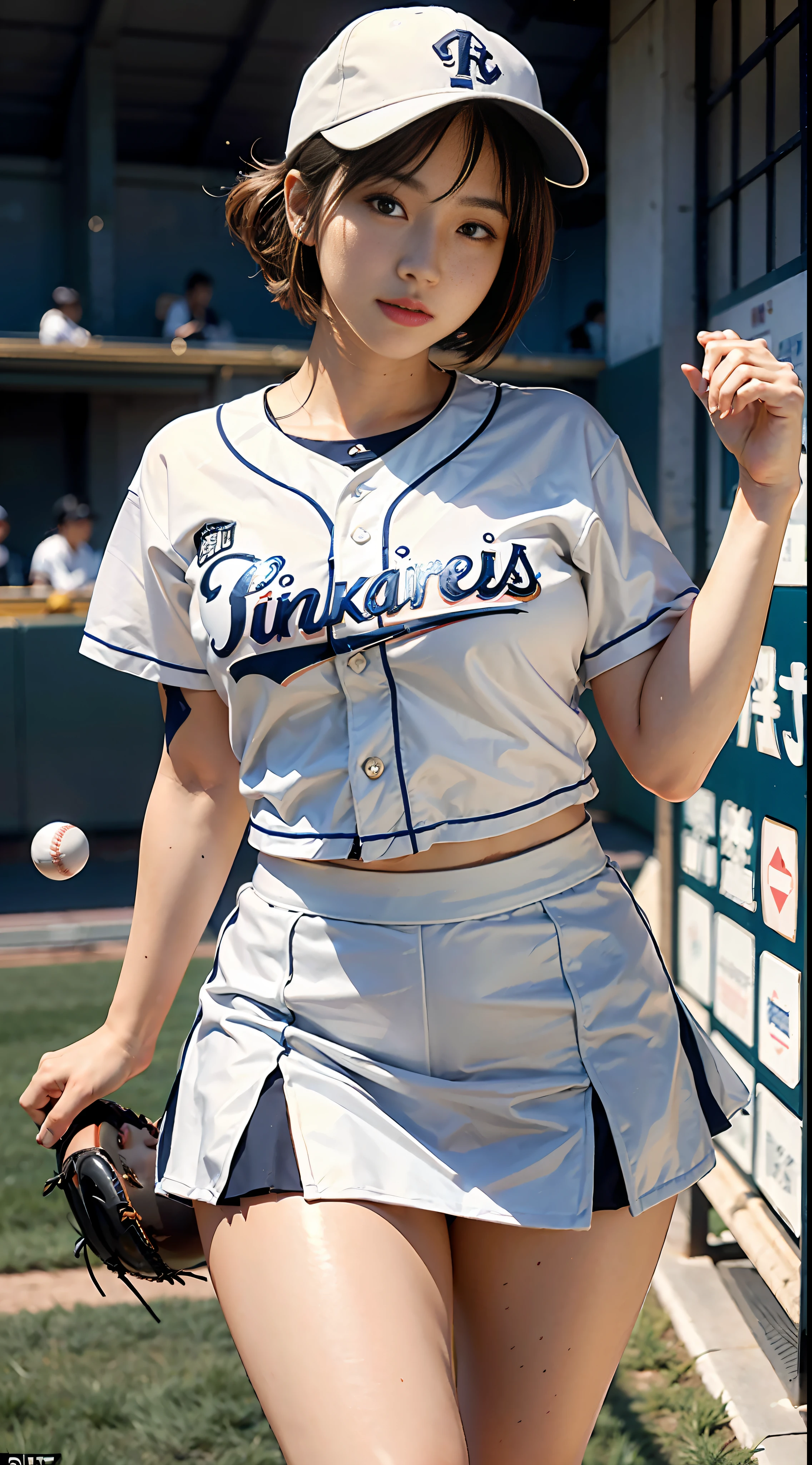 (Photogenic, best quality, Masterpiece: 1.5), baseball, baseball stadium, Hands are clear and distinct, underwear, voluptuous body, beautiful face, 3D, Japanese, baseball wear, , mini-skirt, A glimpse of underwear, bandy-legged, short hair, beautiful face, shining thighs, pure white skin, Japan, high school girl, real