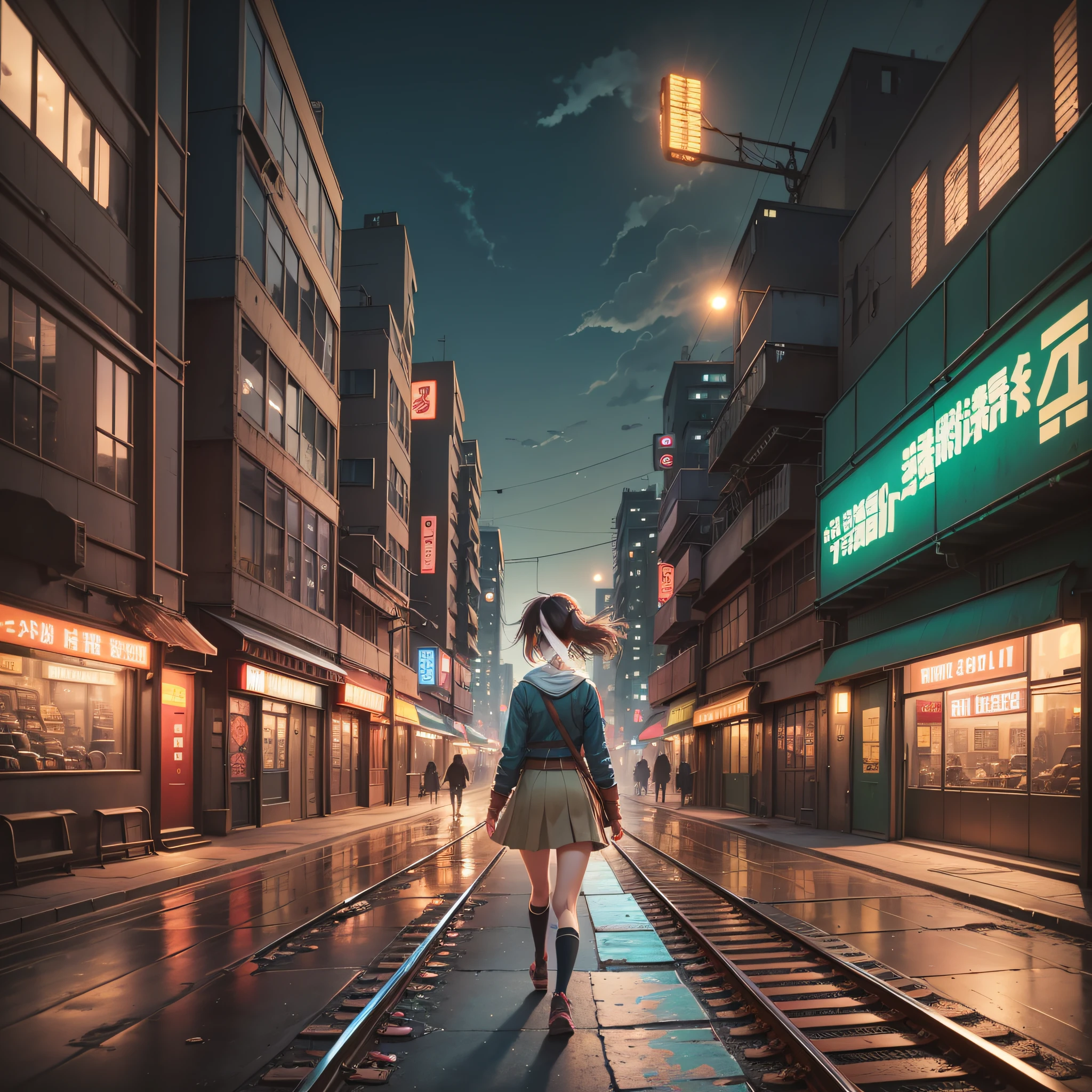 A courageous girl walking along a rusty train track, with a bustling city in the background. The surrounding environment is a vibrant urban landscape, with tall buildings, bustling streets, and flickering lights. The atmosphere is a mix of excitement and nostalgia, as the girl embarks on a journey through the city. Studio Ghibli style --auto --s2