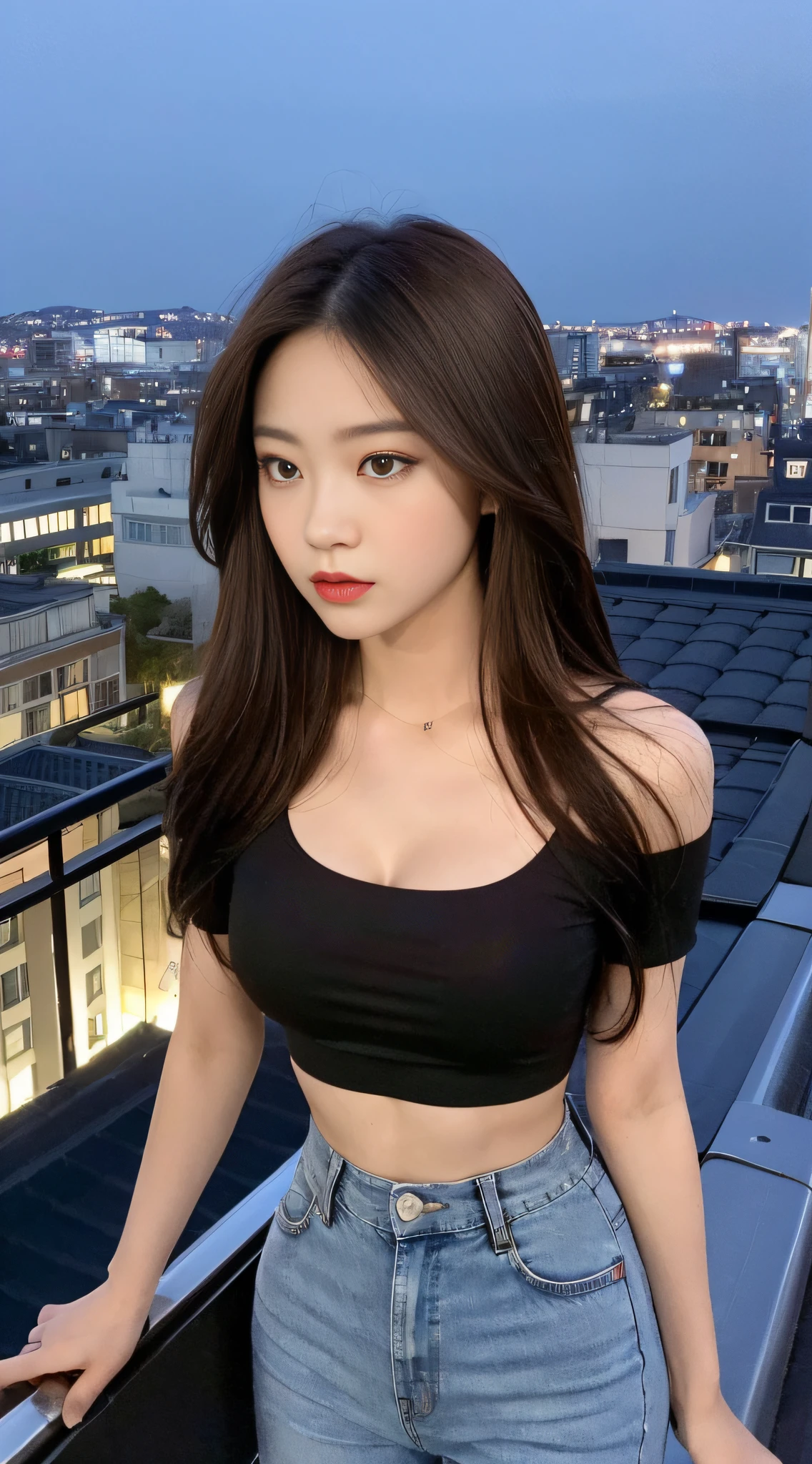 ((Midnight, Acura, 8K, Masterpiece: 1.3)), Full body, Long legs, Focal length: 1.2, Perfect Body Beauty: 1.4, Slim Abs: 1.1, ((Dark Brown Hair, Big Breasts: 1.2 )), (White T-shirt, Low rise Pants, Standing: 1.2), ((City Night View, Roof: 1.3)), Highly detailed face and skin texture, Detailed eyes, Double eyelids