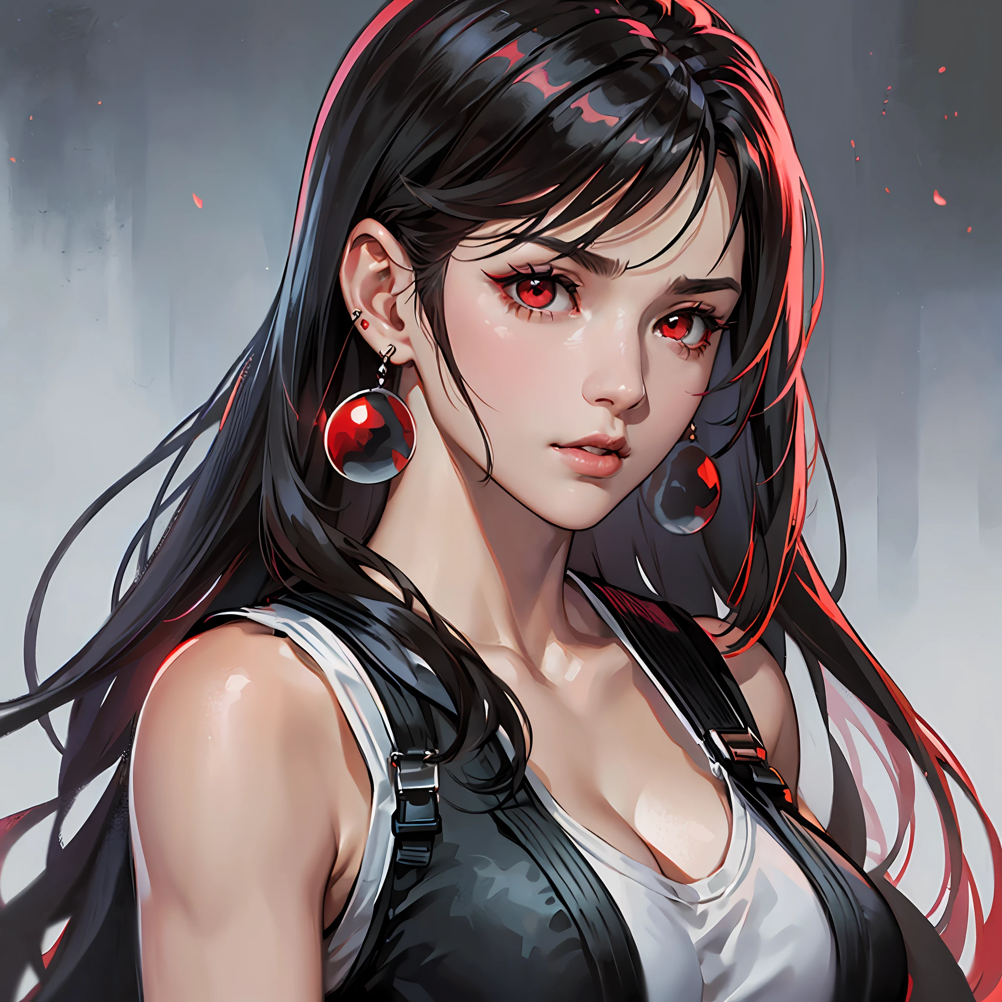 ff7r style, 1 girl, (TIFA: 1.2), solo, long hair, earrings, jewelry red eyes, no puffy eyes, black hair, looking at the audience, realistic, parted lips, vest, sweeping bangs, lips, portrait, suspenders, bare shoulders, red eyes, bangs, (((masterpiece)), --auto --s2