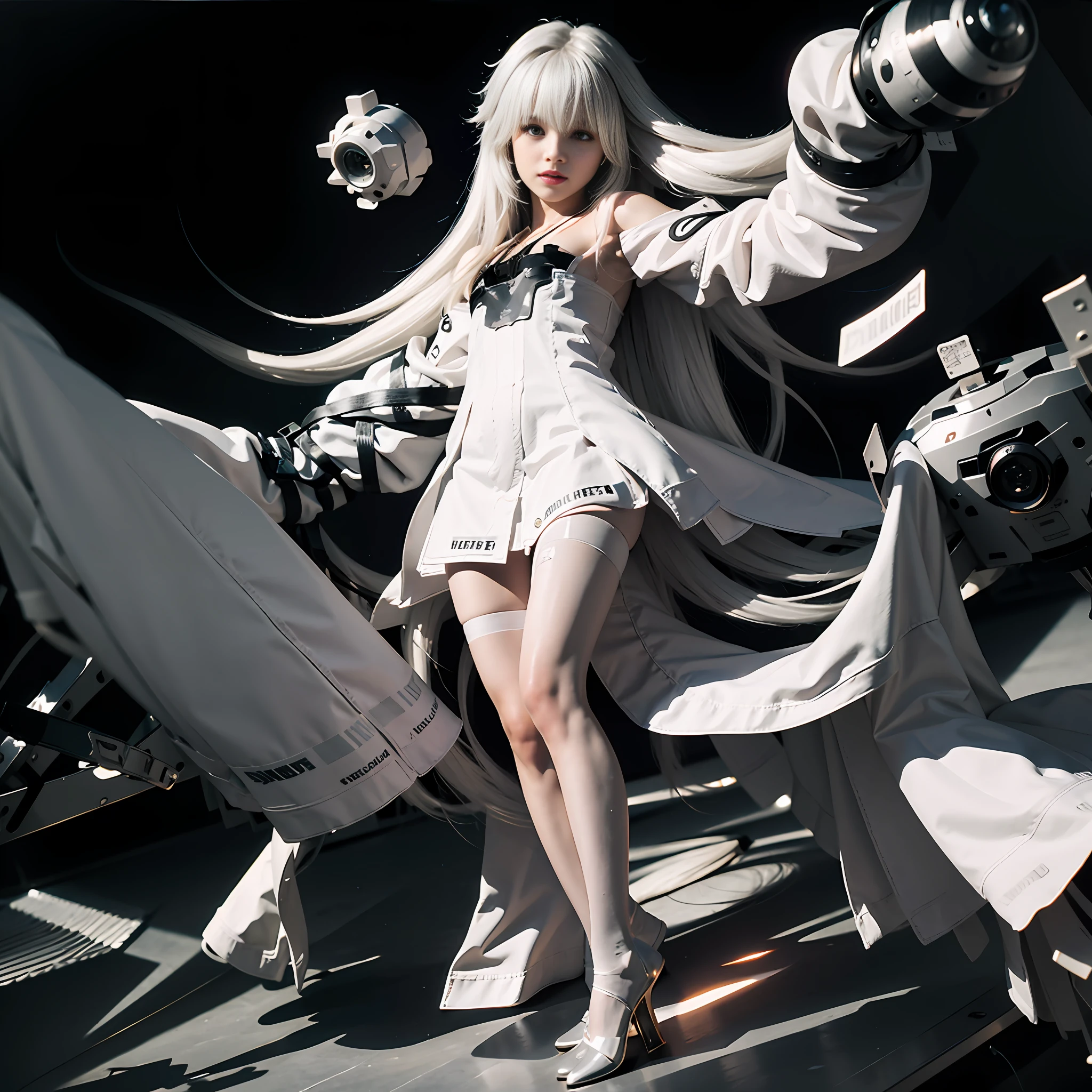 White dress with long hem and white stockings