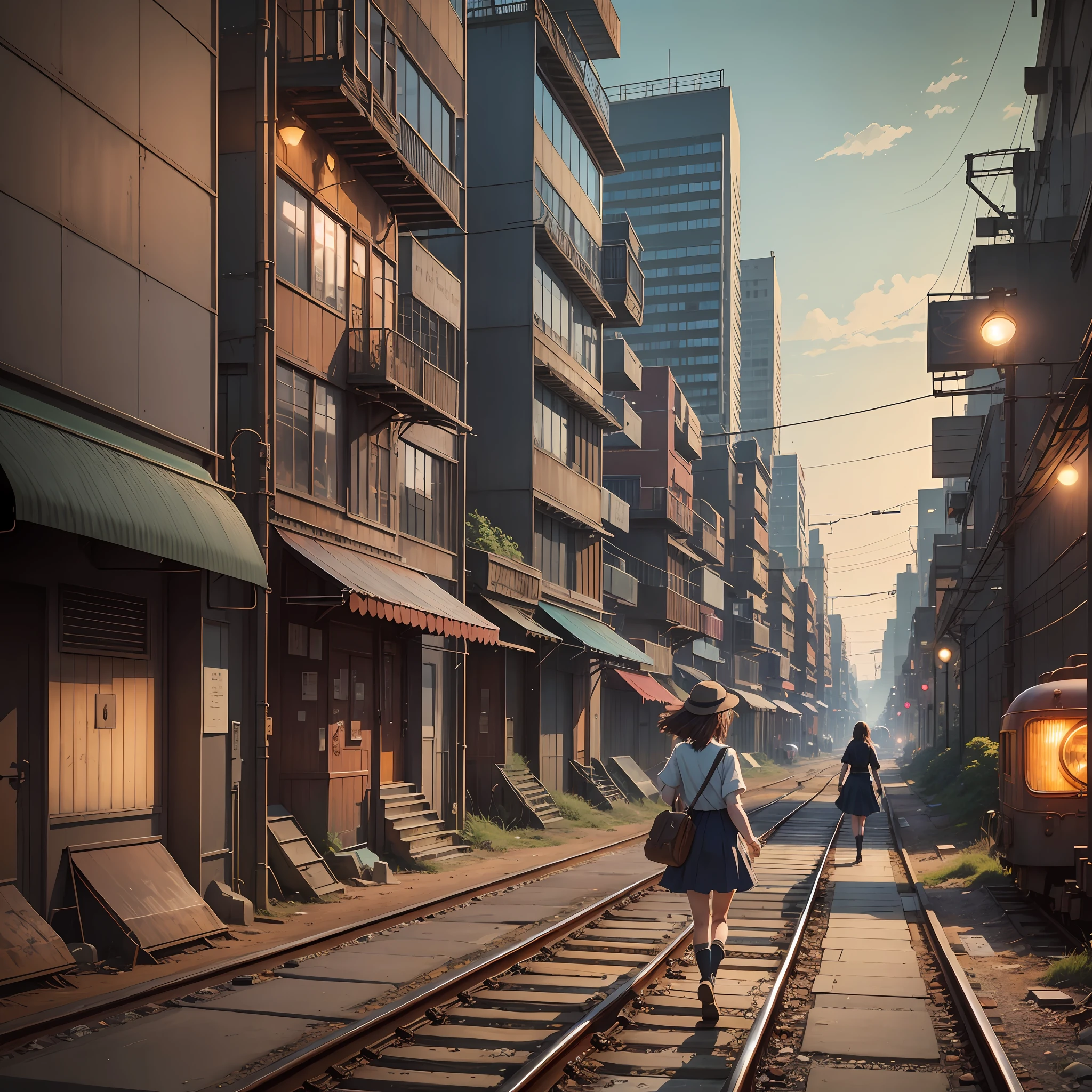 A courageous girl walking along a rusty train track, with a bustling city in the background. The surrounding environment is a vibrant urban landscape, with tall buildings, bustling streets, and flickering lights. The atmosphere is a mix of excitement and nostalgia, as the girl embarks on a journey through the city. Studio Ghibli style --auto --s2