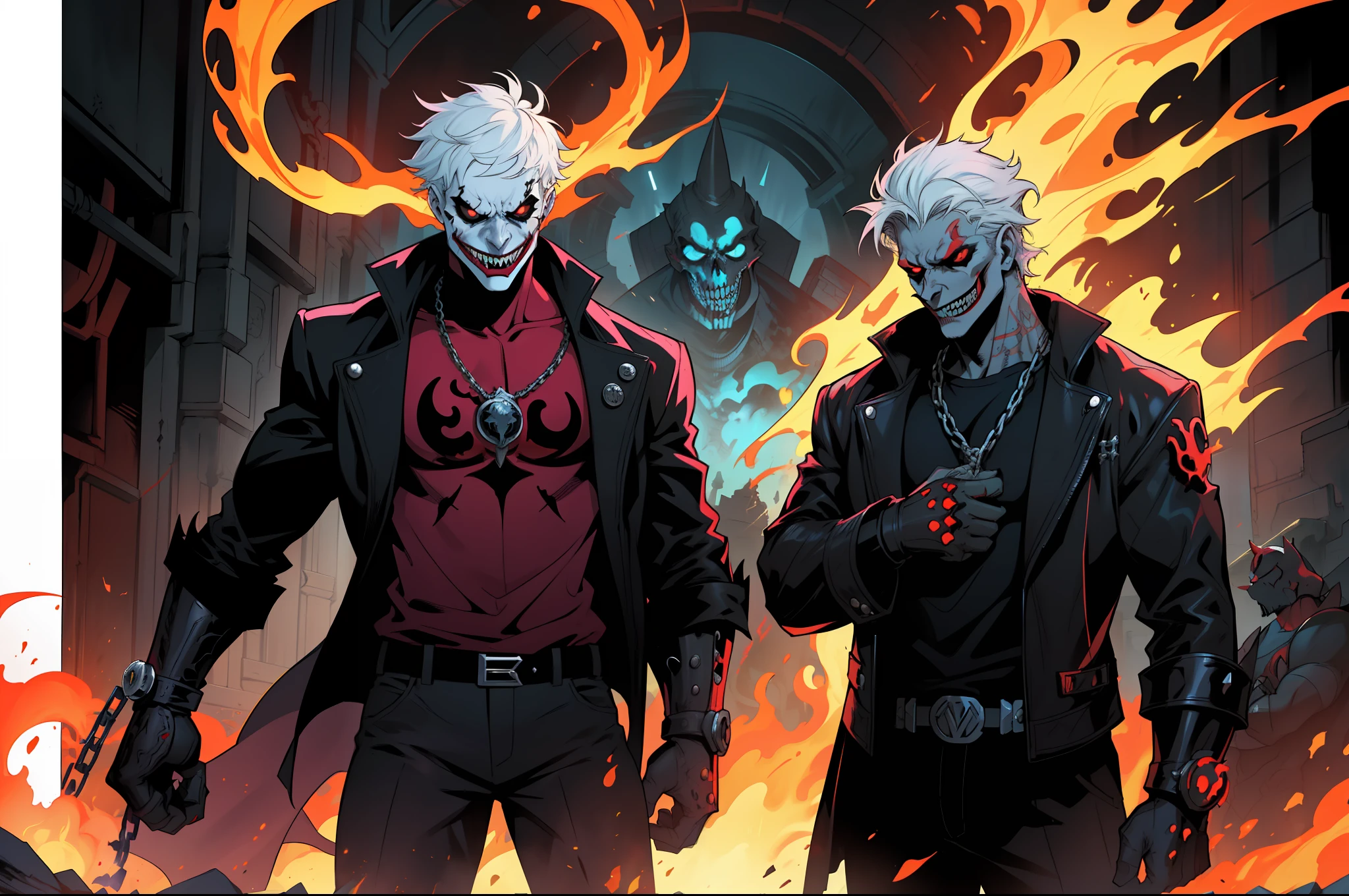 ((Fusion)) of Joker, Hellboy and Ghost Rider standing in front of a fiery portal to the underworld, their eyes burning with power as they prepare to face their next enemy. The Joker's lever, Doom's Hellboy's right hand, and Ghost Rider's chain shine with mystical energy, ready for battle. ((Masterpiece)) ((epico))